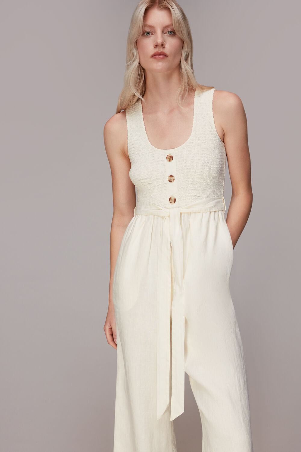 Ivory Shirred Linen Jumpsuit