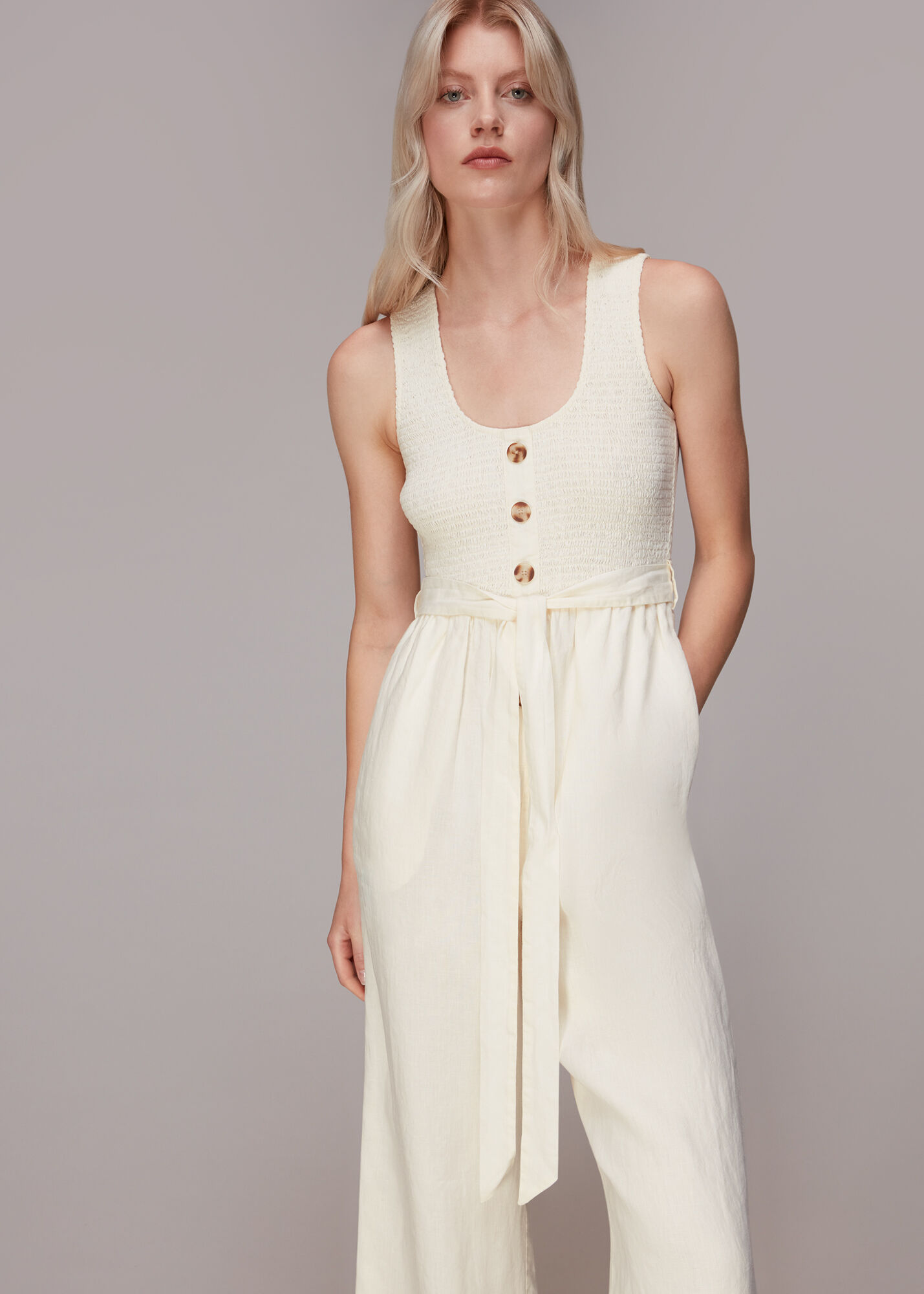 Ivory Shirred Linen Jumpsuit WHISTLES