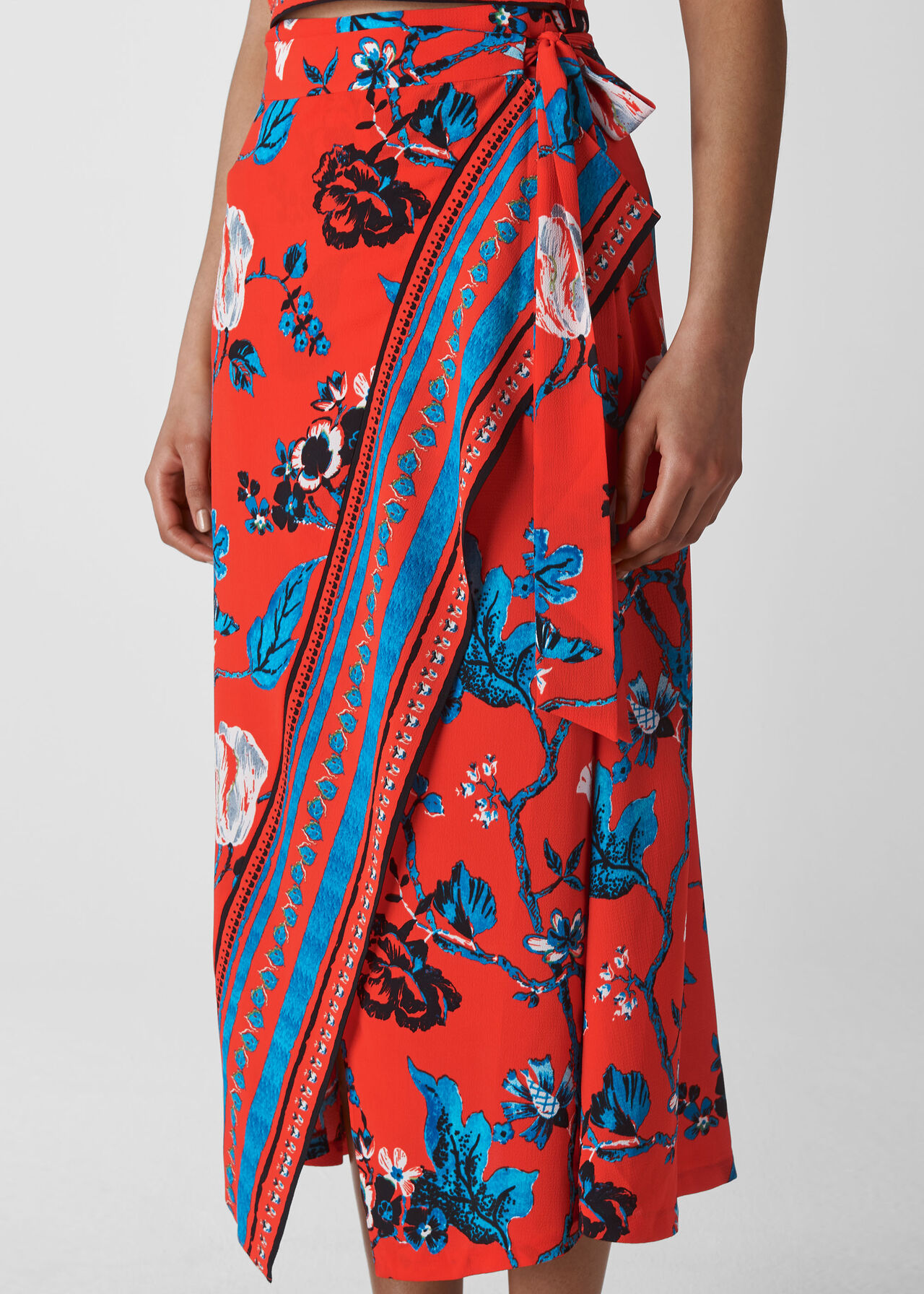 Scarf Print Border Wrap Skirt Red/Multi