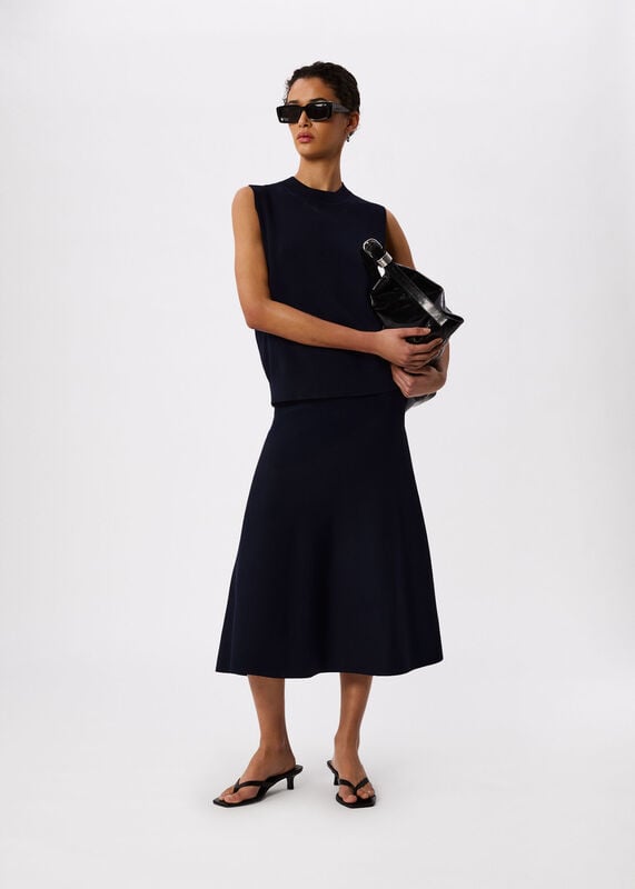 Navy Knitted Ribbed Midi Skirt