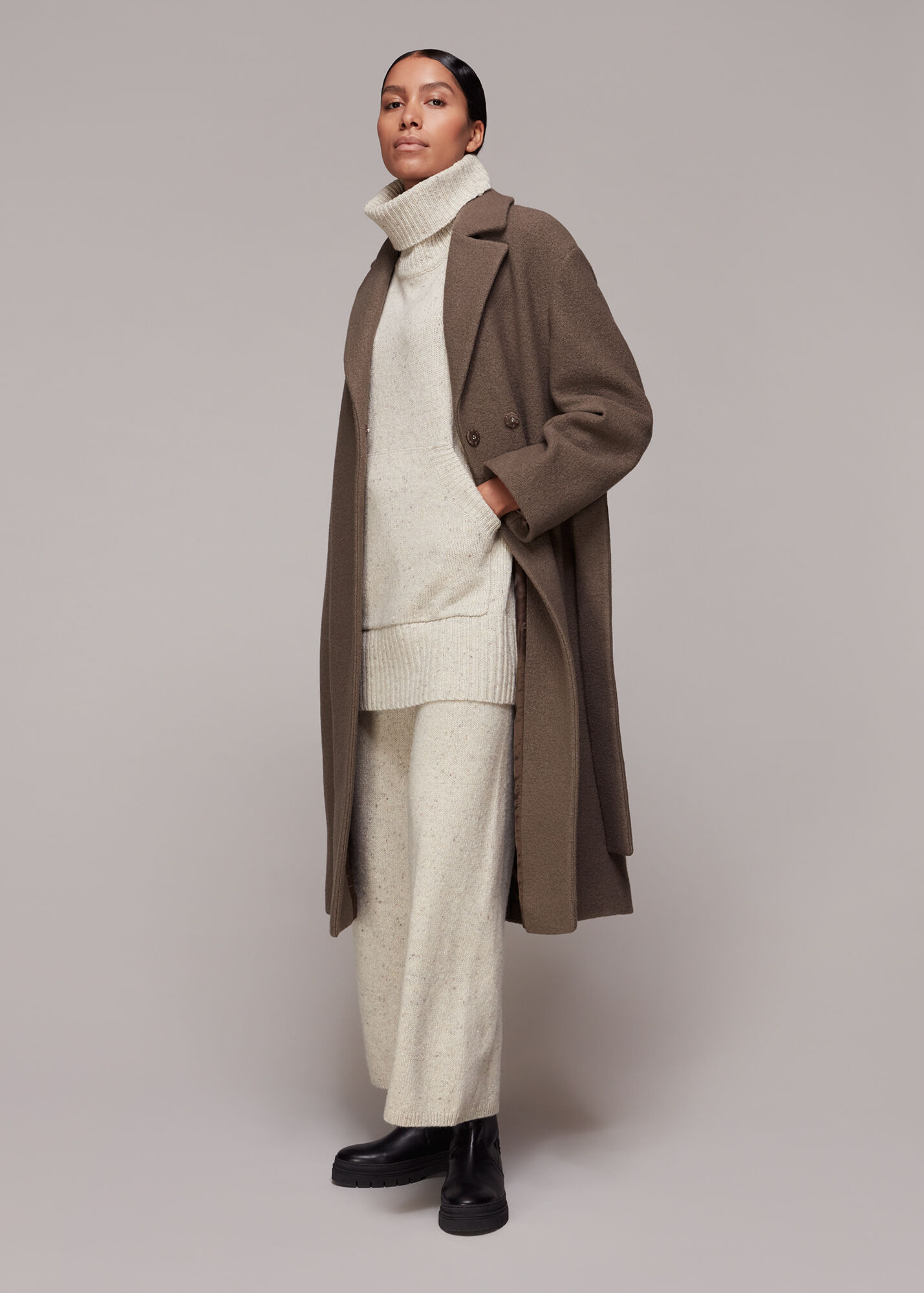 Neutral Tie Waist Wool Coat WHISTLES