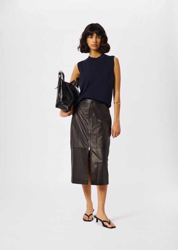 Black Zip Front Leather Pencil Skirt