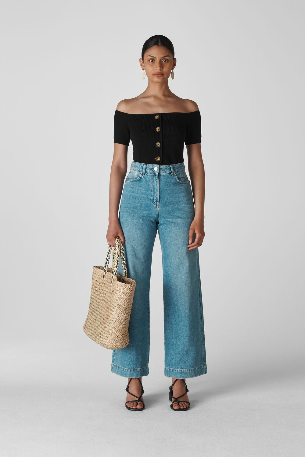 Button Front Rib Knit Black