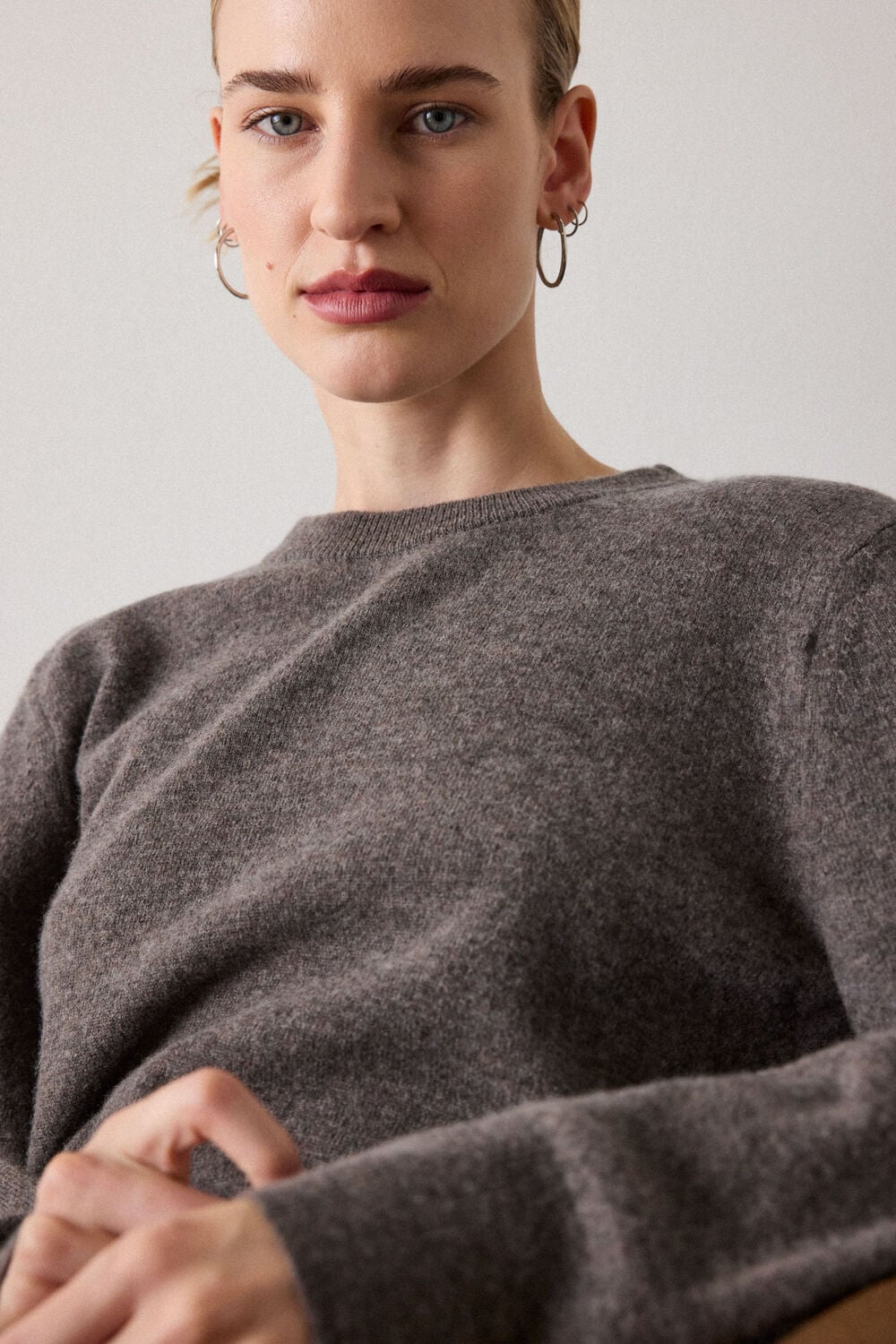 Neutral Bold Shoulder Crew Neck Knit