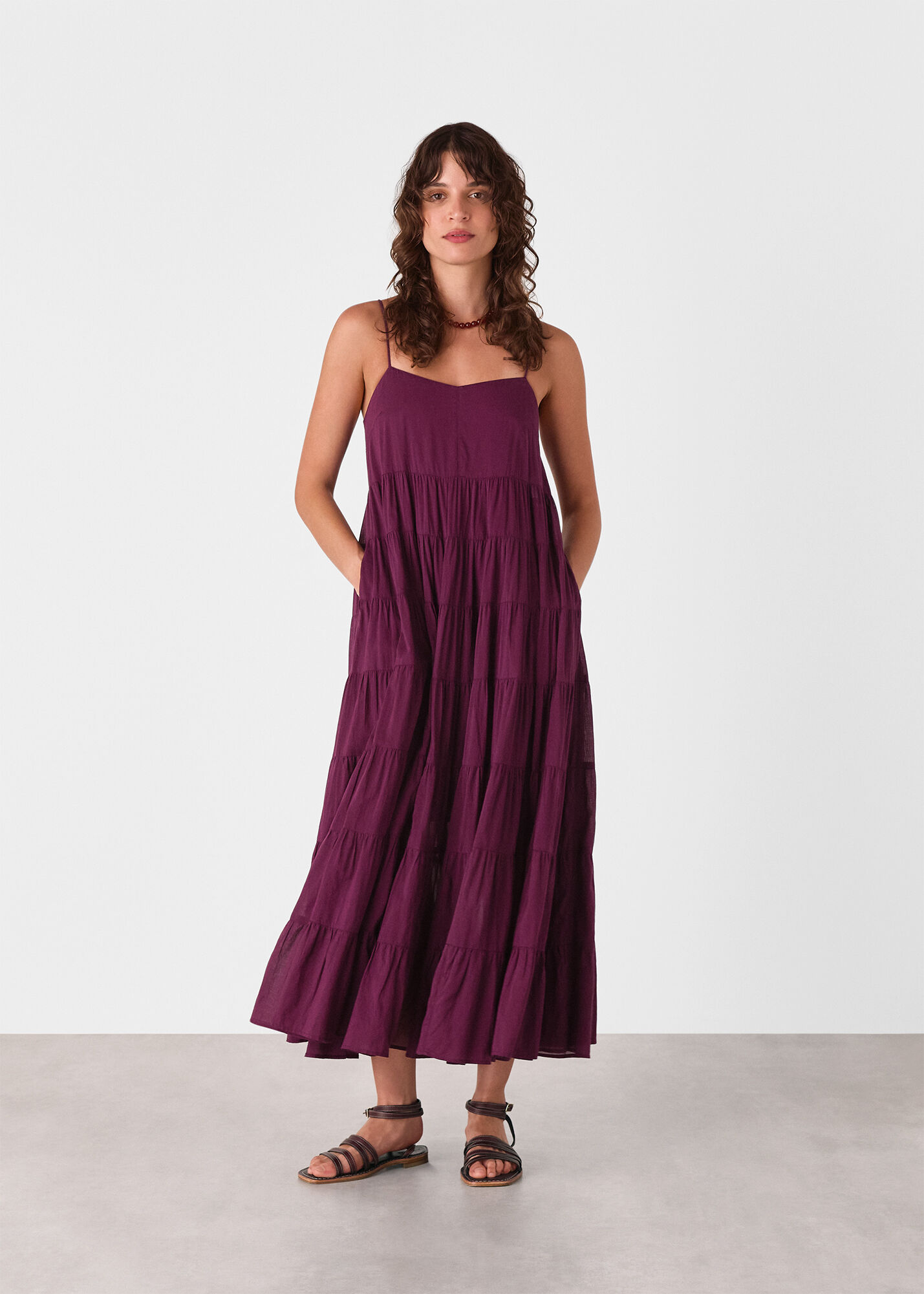 Whistles Cotton Tiered Maxi Sun Dress Plum Size 16 Plum Cotton Tiered Maxi Sun Dress | WHISTLES | Whistles US |