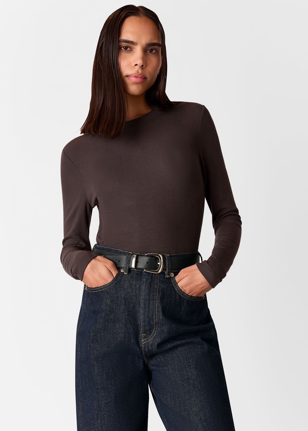 Whistles Essential Ribbed Crew Brown Whistles Essential Ribbed Crew Brown