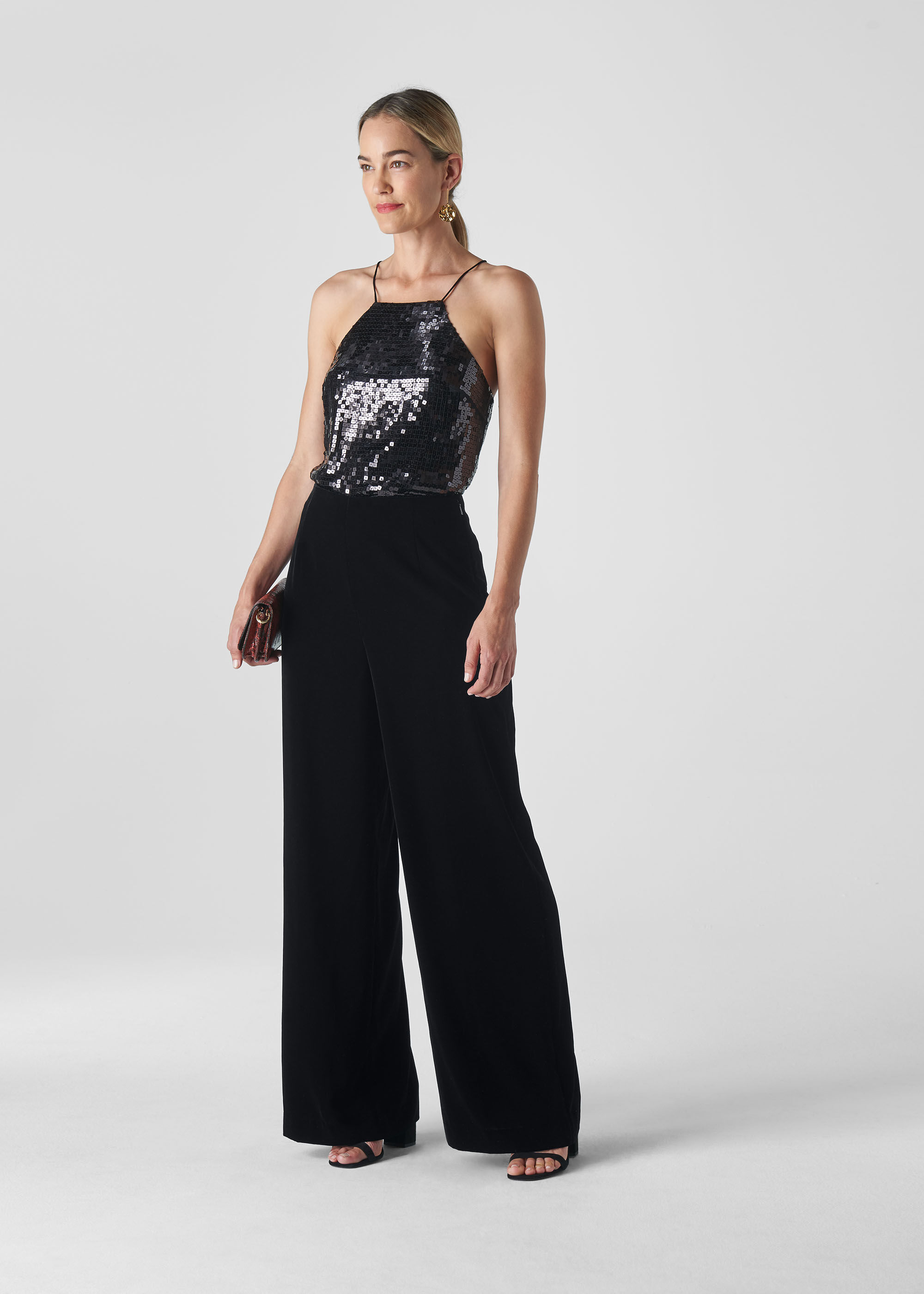 Black velvet wide leg pants clearance