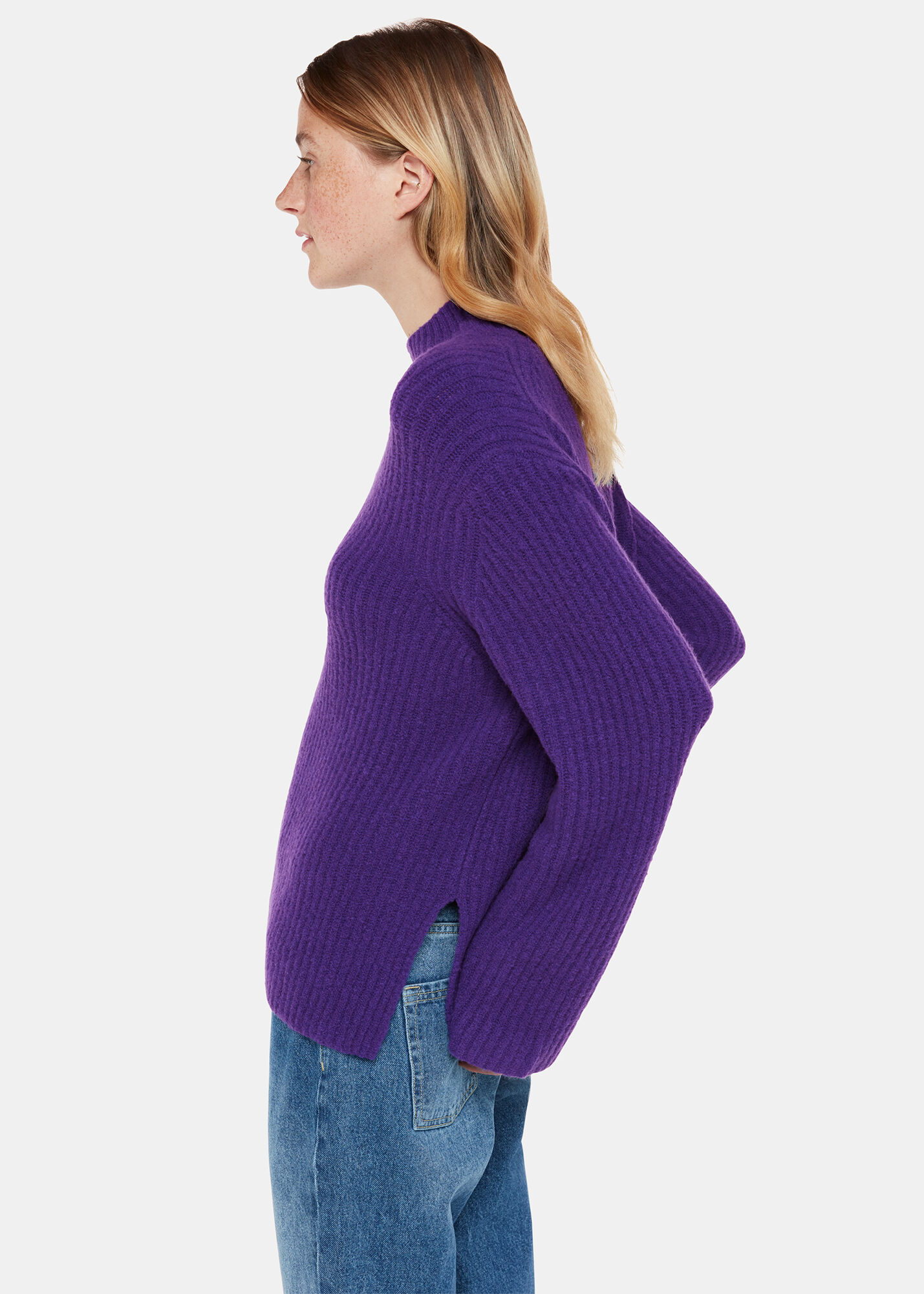 Purple Wool Mix Rib Funnel Neck