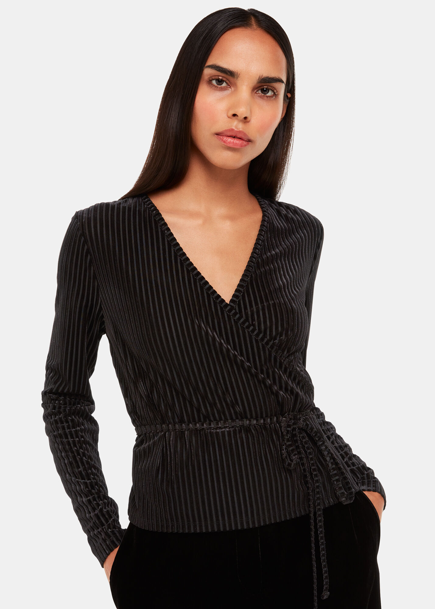 Black Velvet Wrap Cardigan With V Neck Whistles Whistles UK