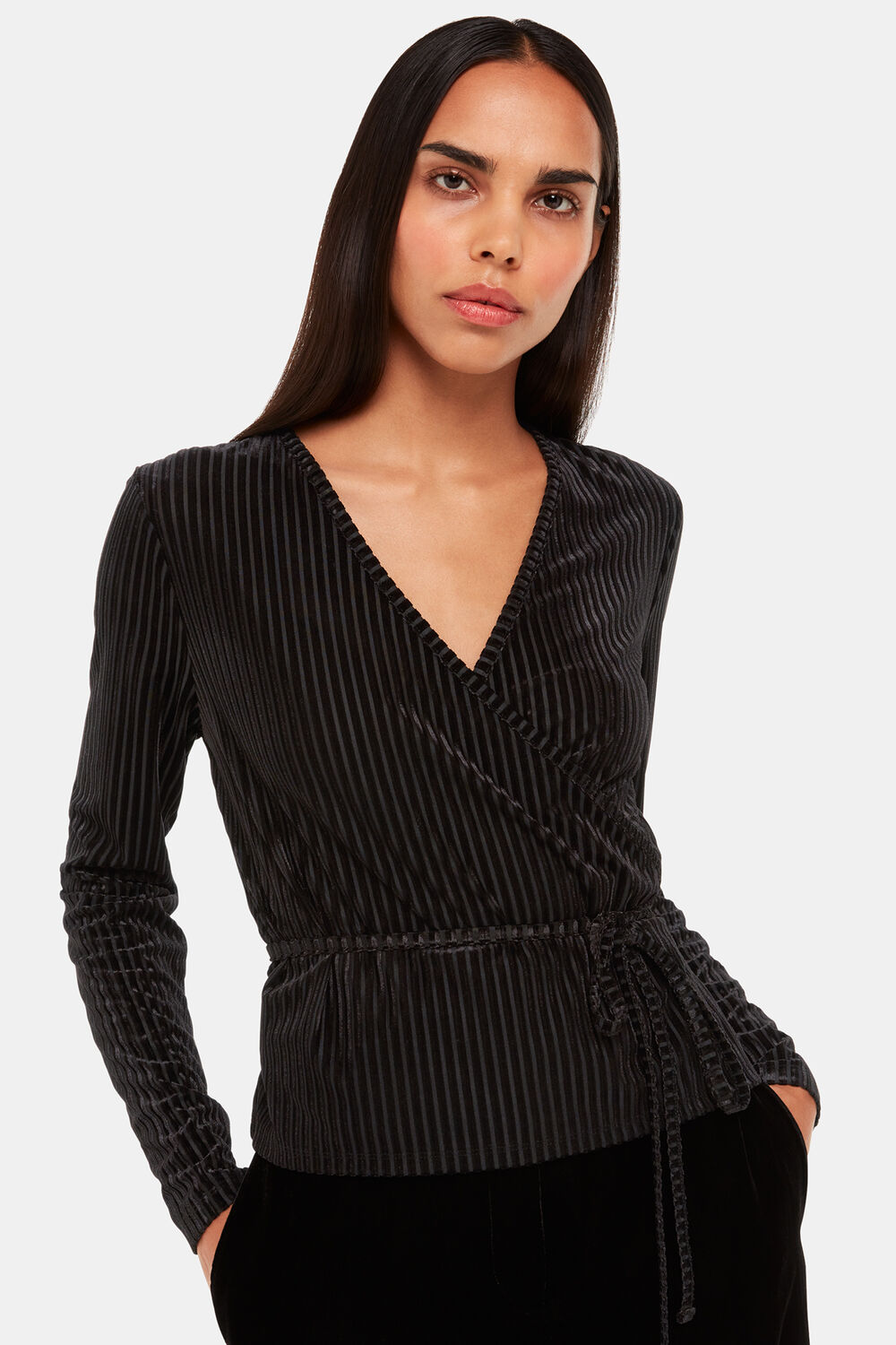 Black Velvet Stripe Wrap Cardigan