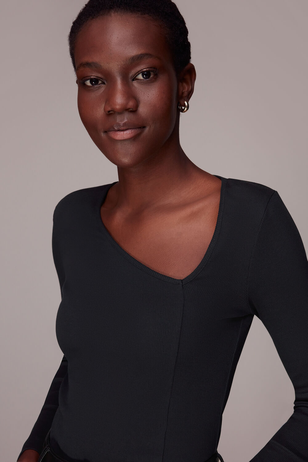 Black Ribbed Asymmetric V-Neck Top