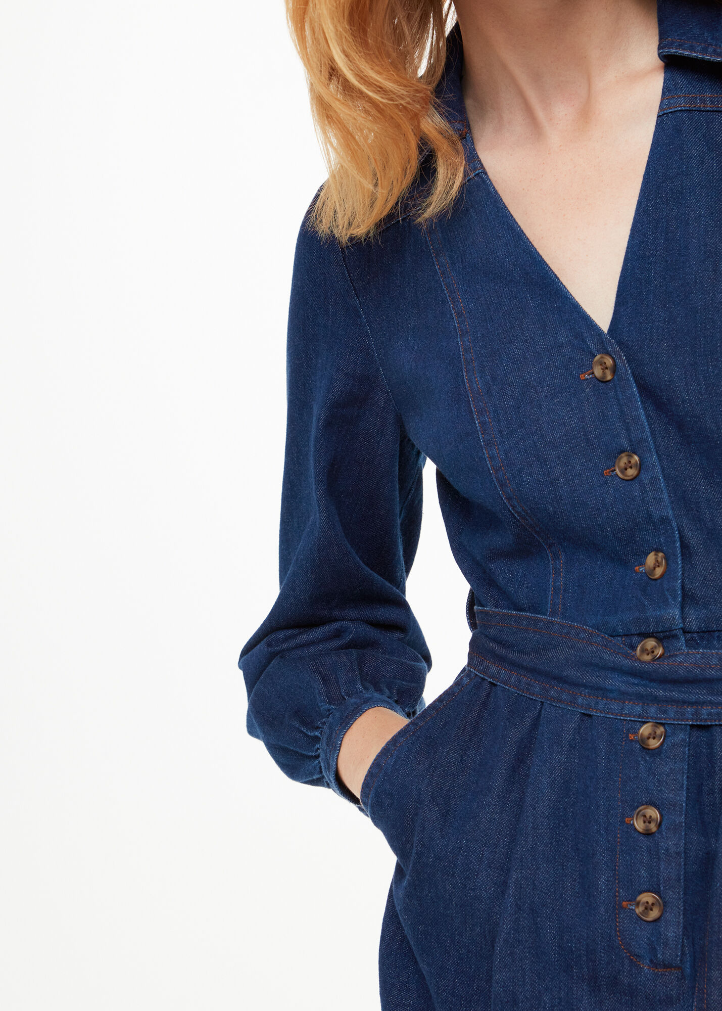Tailored Denim Belted Jumpsuit with Structured Button Front – Jumpsuit