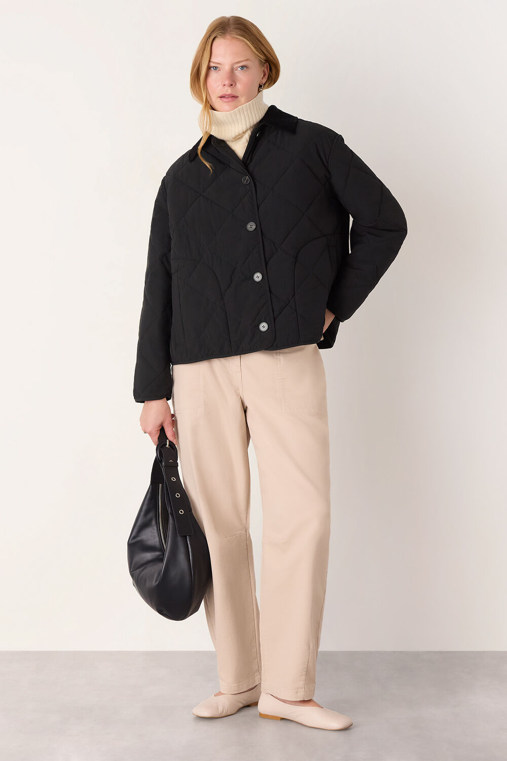 Black Short Quilted Cord Collar Coat
