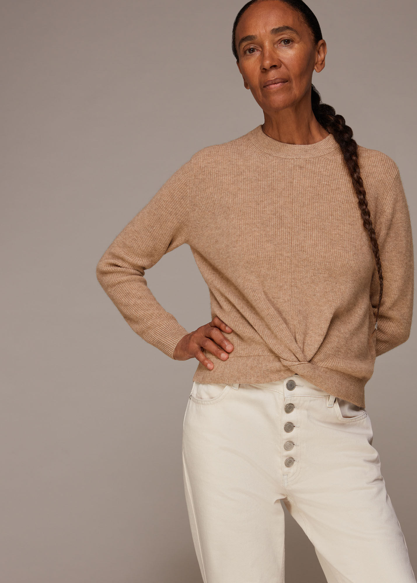 Oatmeal Twist Front Wool Cashmere Knit WHISTLES