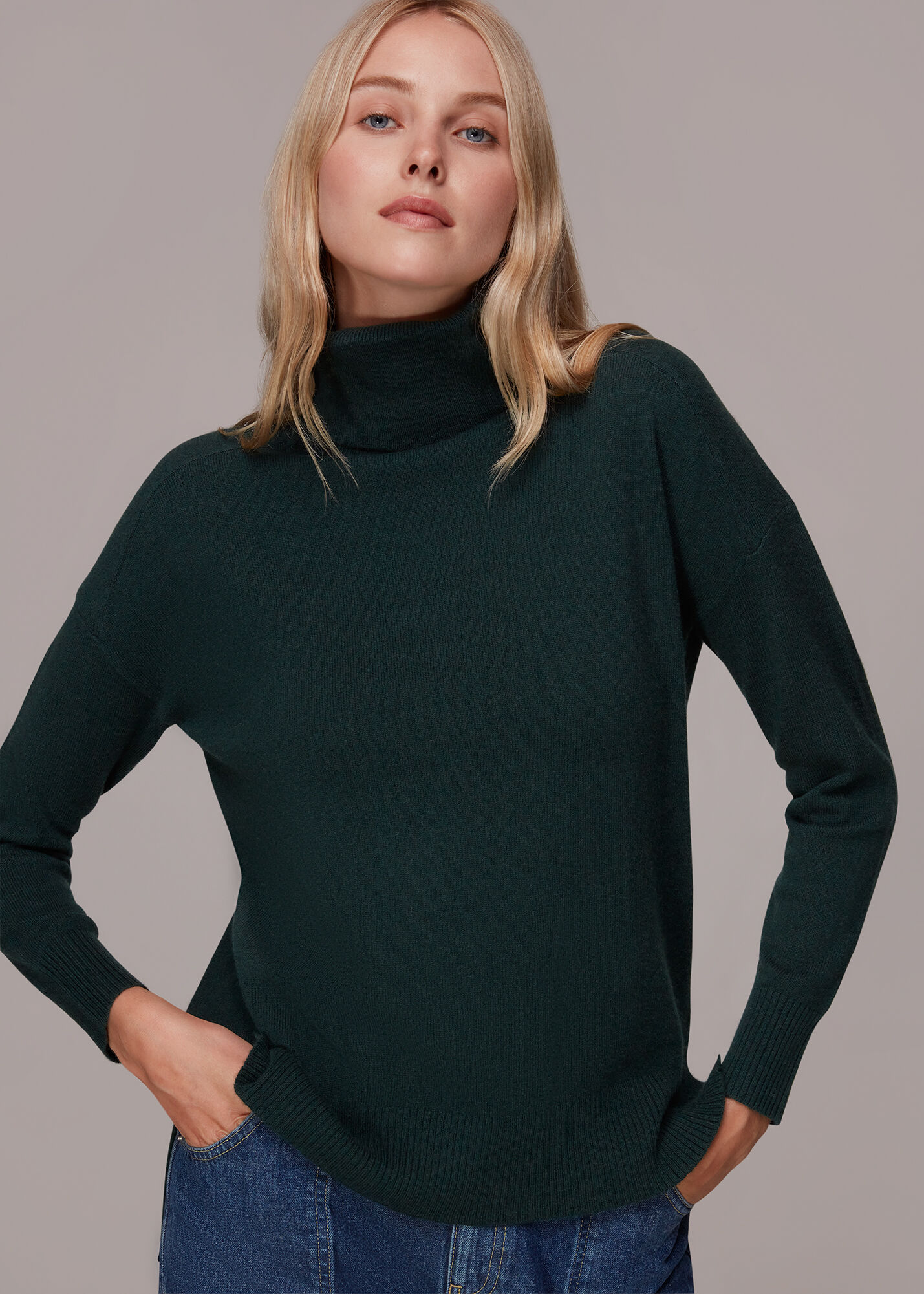 Dark Green Cashmere Roll Neck Jumper