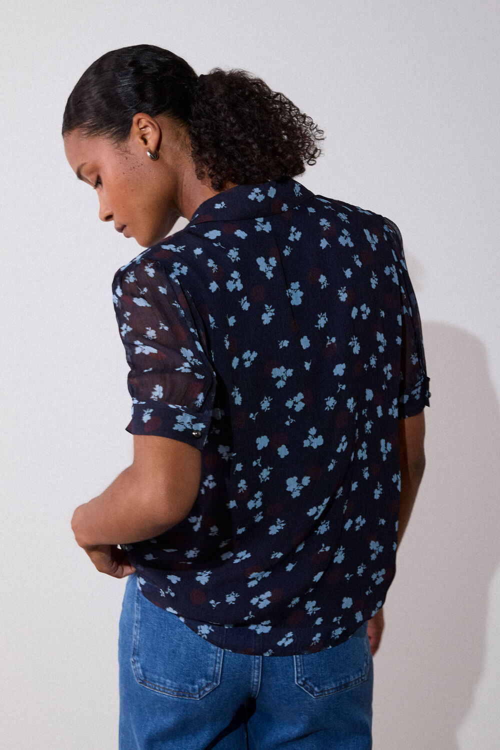 Navy Floral Short Sleeve Viscose Pintuck Blouse