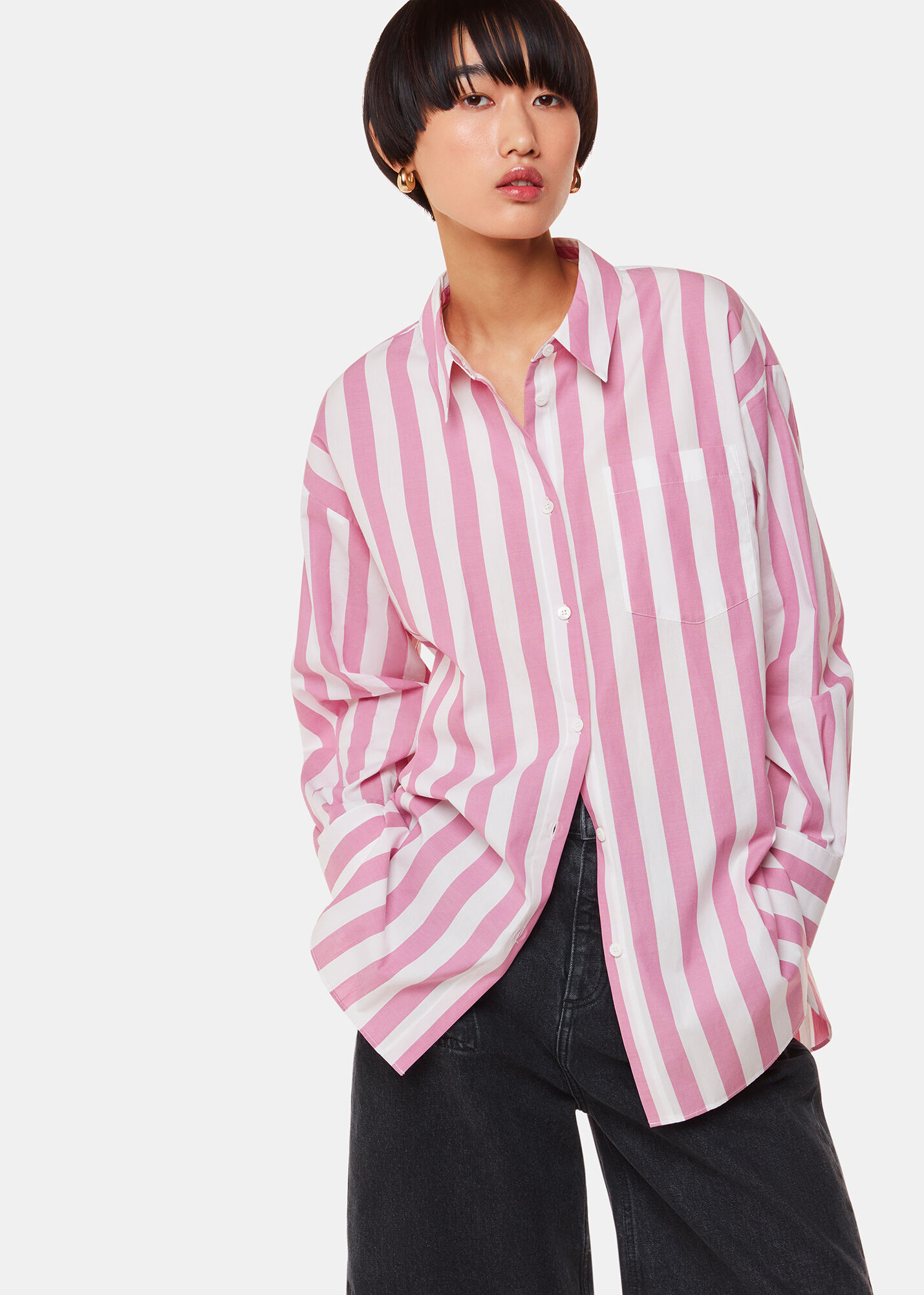 【本物保証】 | WHISTLES | Shirt Oversized Stripe Pink/Multi Whistles | US トップス