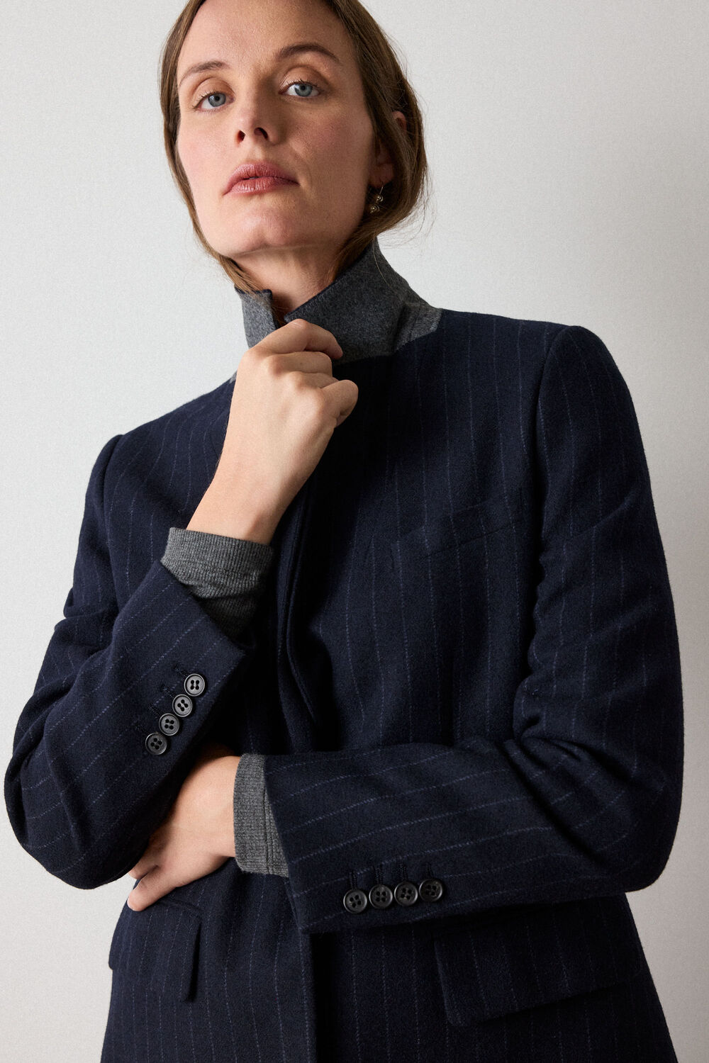Navy Pinstripe Wool Blend Blazer