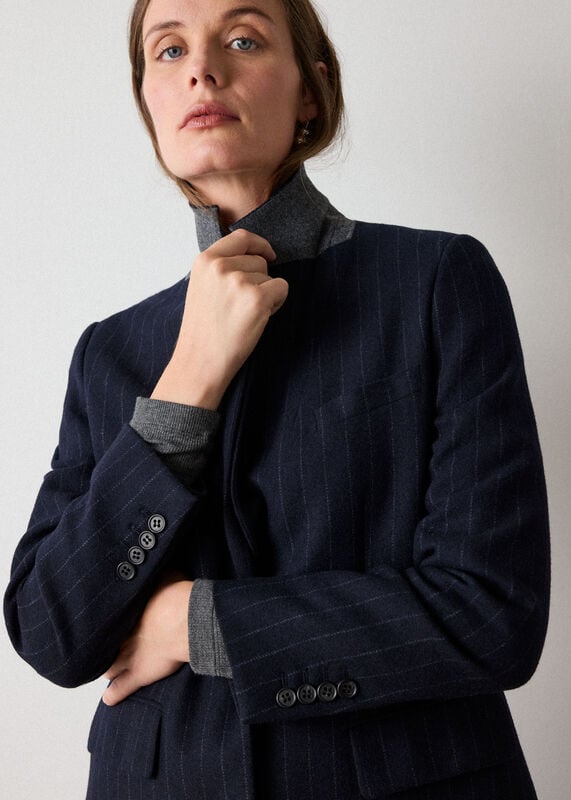 Navy Pinstripe Wool Blend Blazer