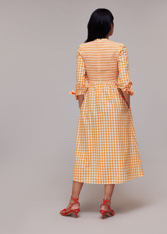 Orange Gingham Check Shirred Dress