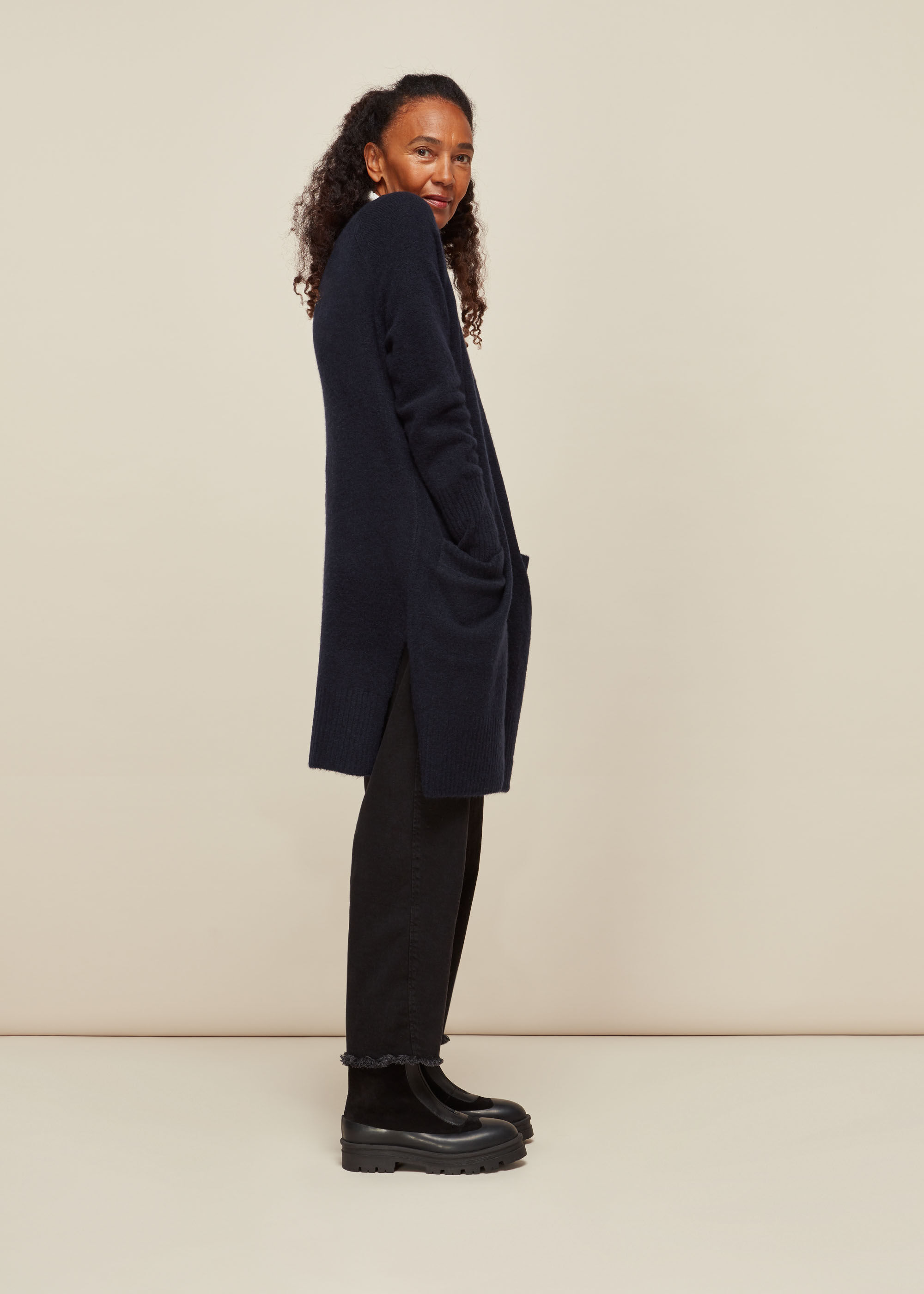 Navy Lilly Long Line Wool Cardigan 
