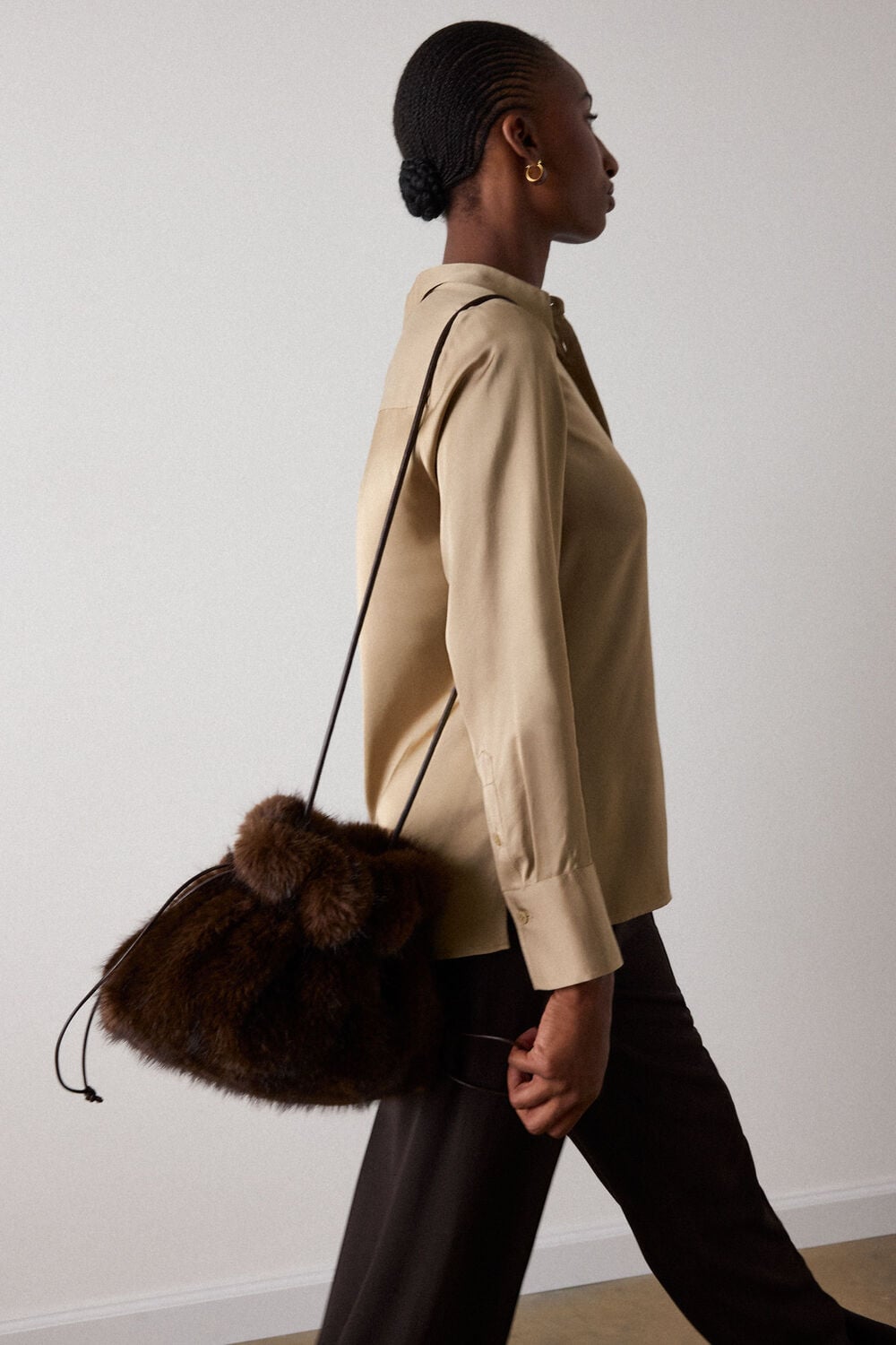 Chocolate Drawstring Faux Fur Bag