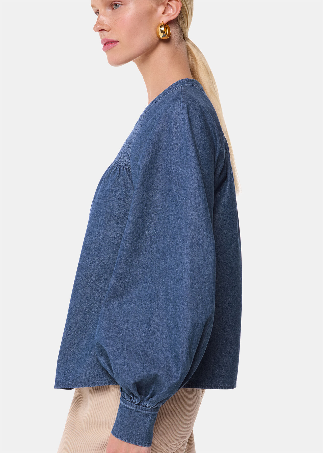 Smocked Denim Blouse