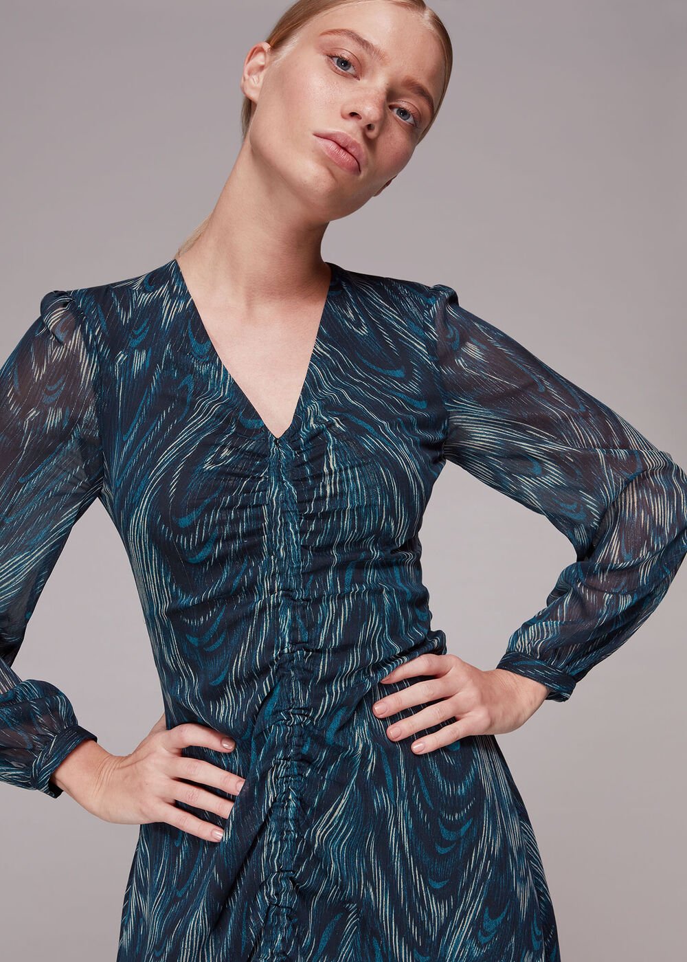 Wave Print Ruched Dress