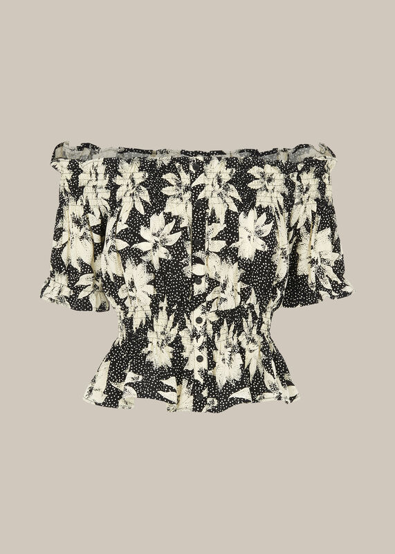 Black Starburst Floral Smocked Top