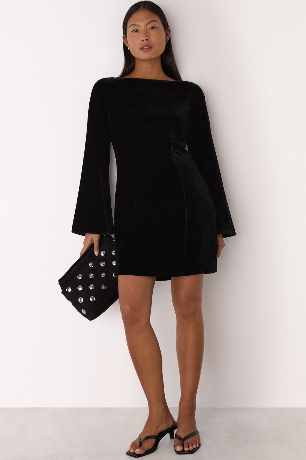 Black Petite Velvet Flare Sleeve Dress
