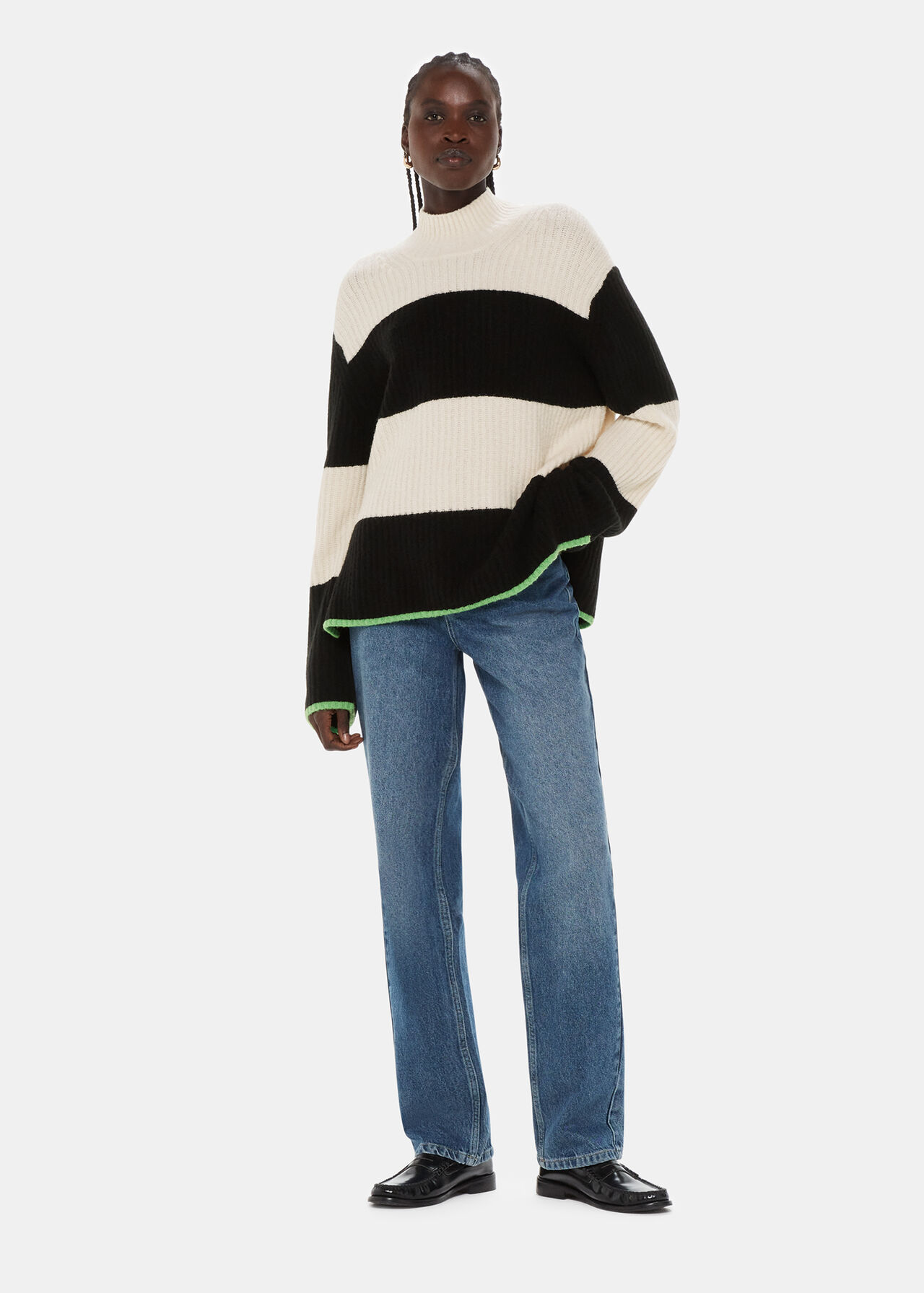 Block Stripe Rib Funnel Neck