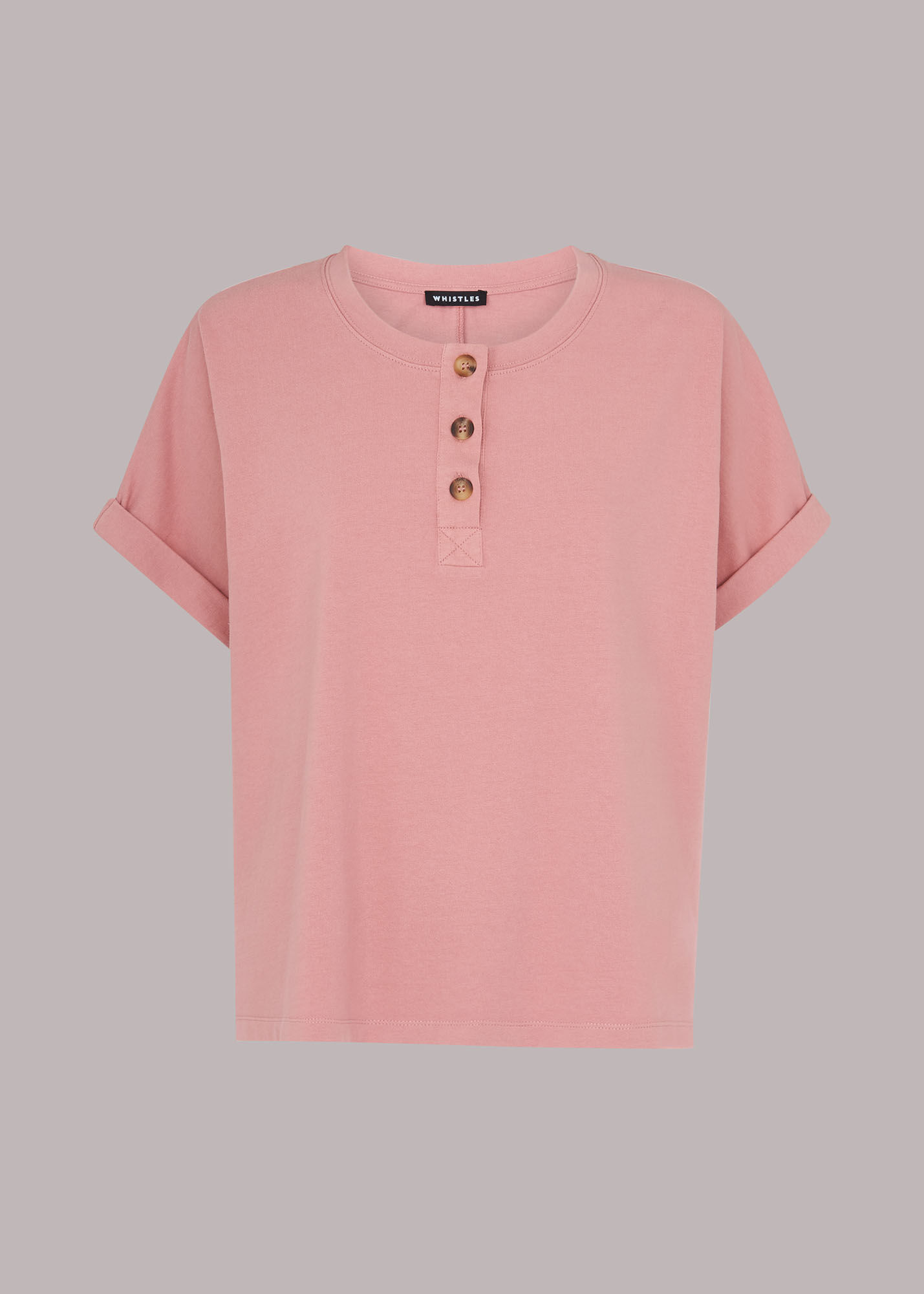 Pink Round Neck Henley Tee | WHISTLES | Whistles UK |