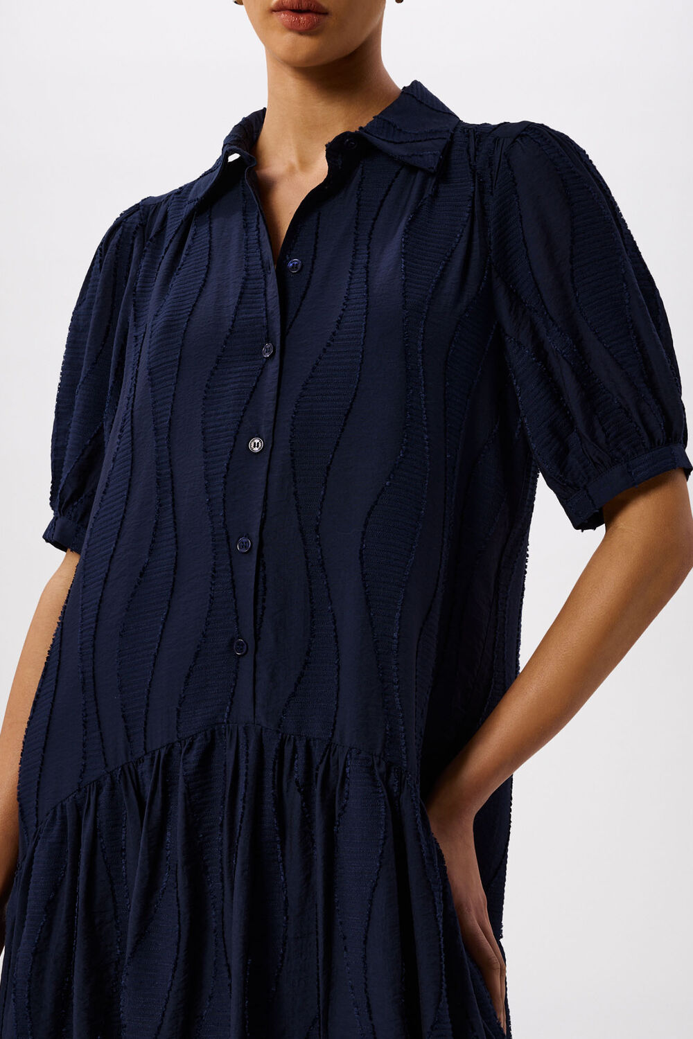 Navy Textured Drop Waist Midi Dress