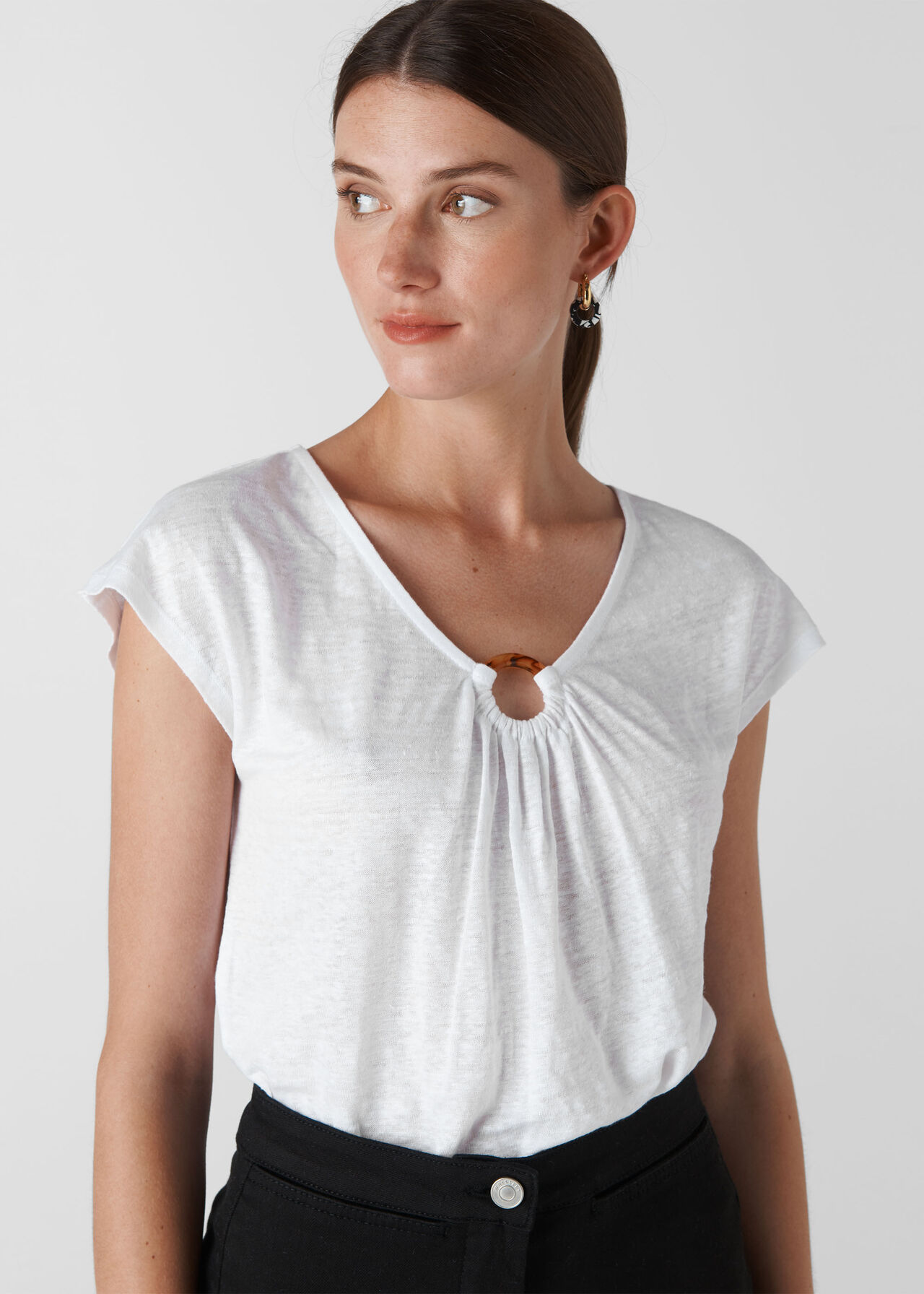 Khaki Tort Ring Linen Top, WHISTLES