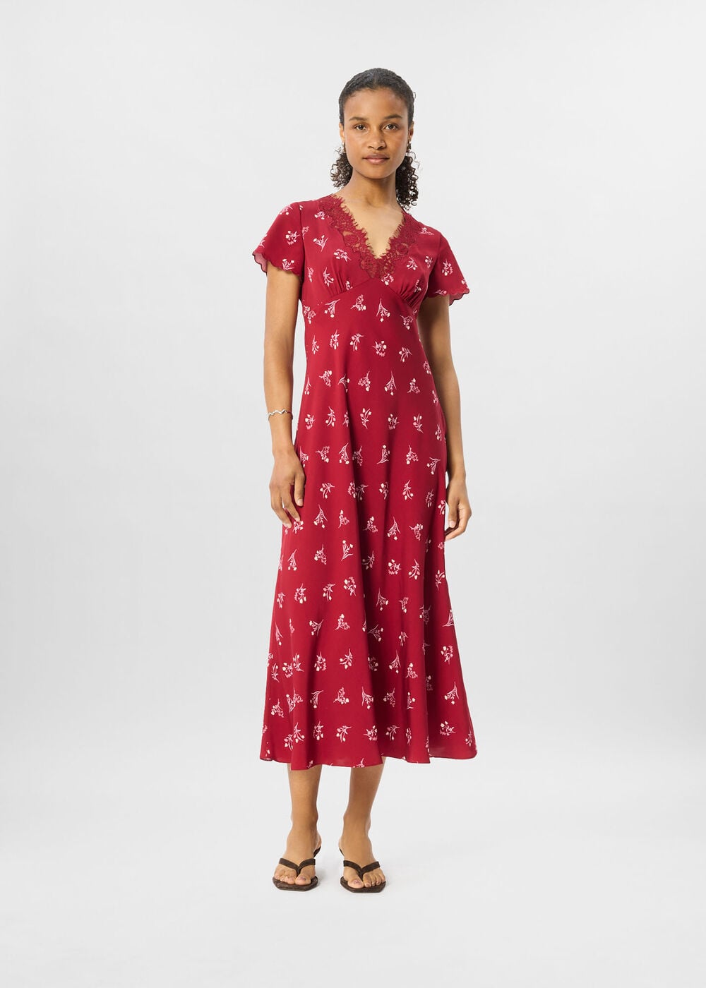 Floral Lace Trim Midi Dress