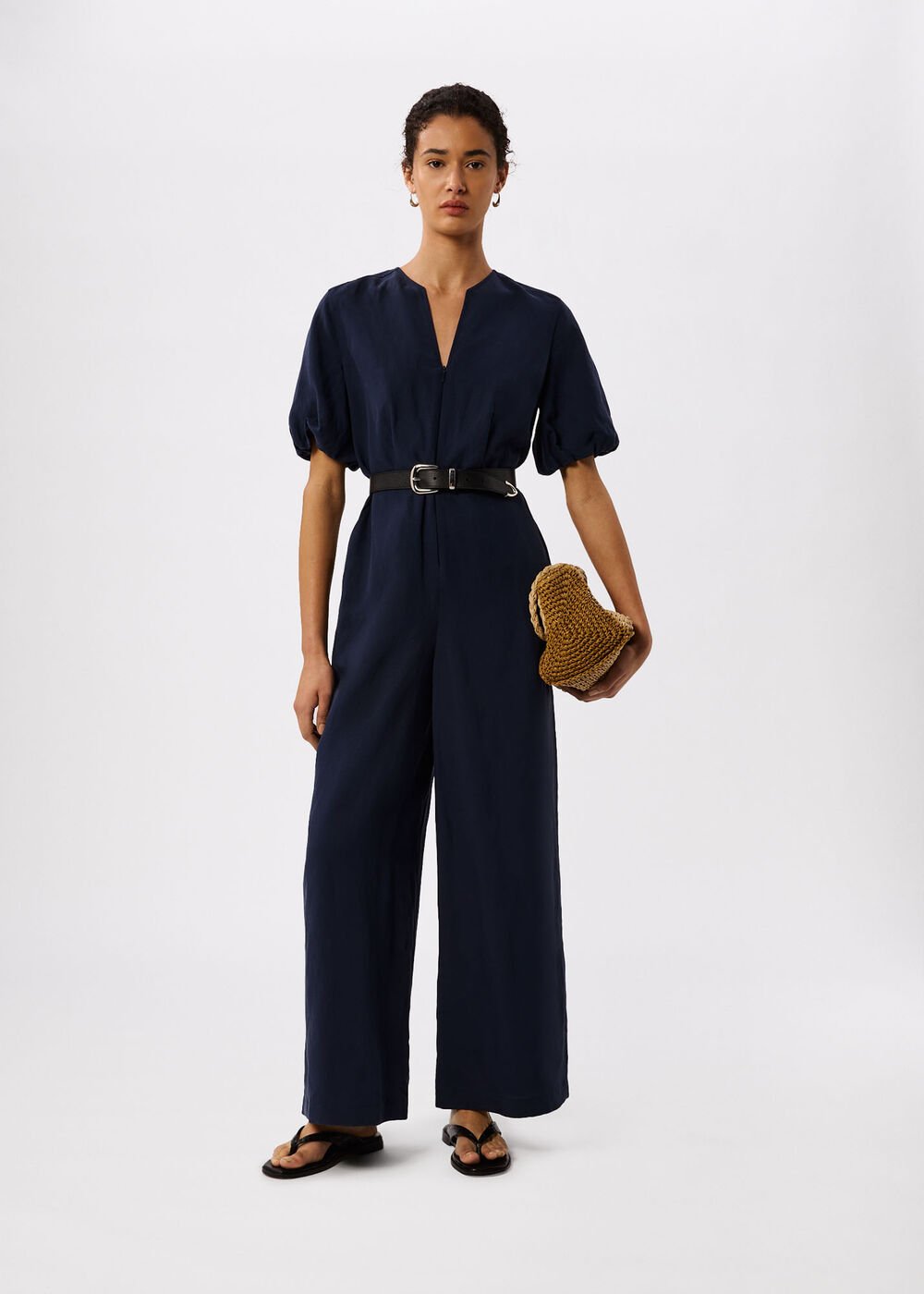 Linen Blend Tie Waist Jumpsuit