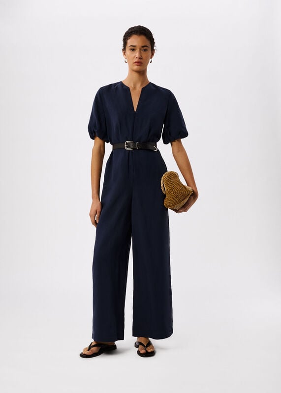 Navy Linen Blend Tie Waist Jumpsuit
