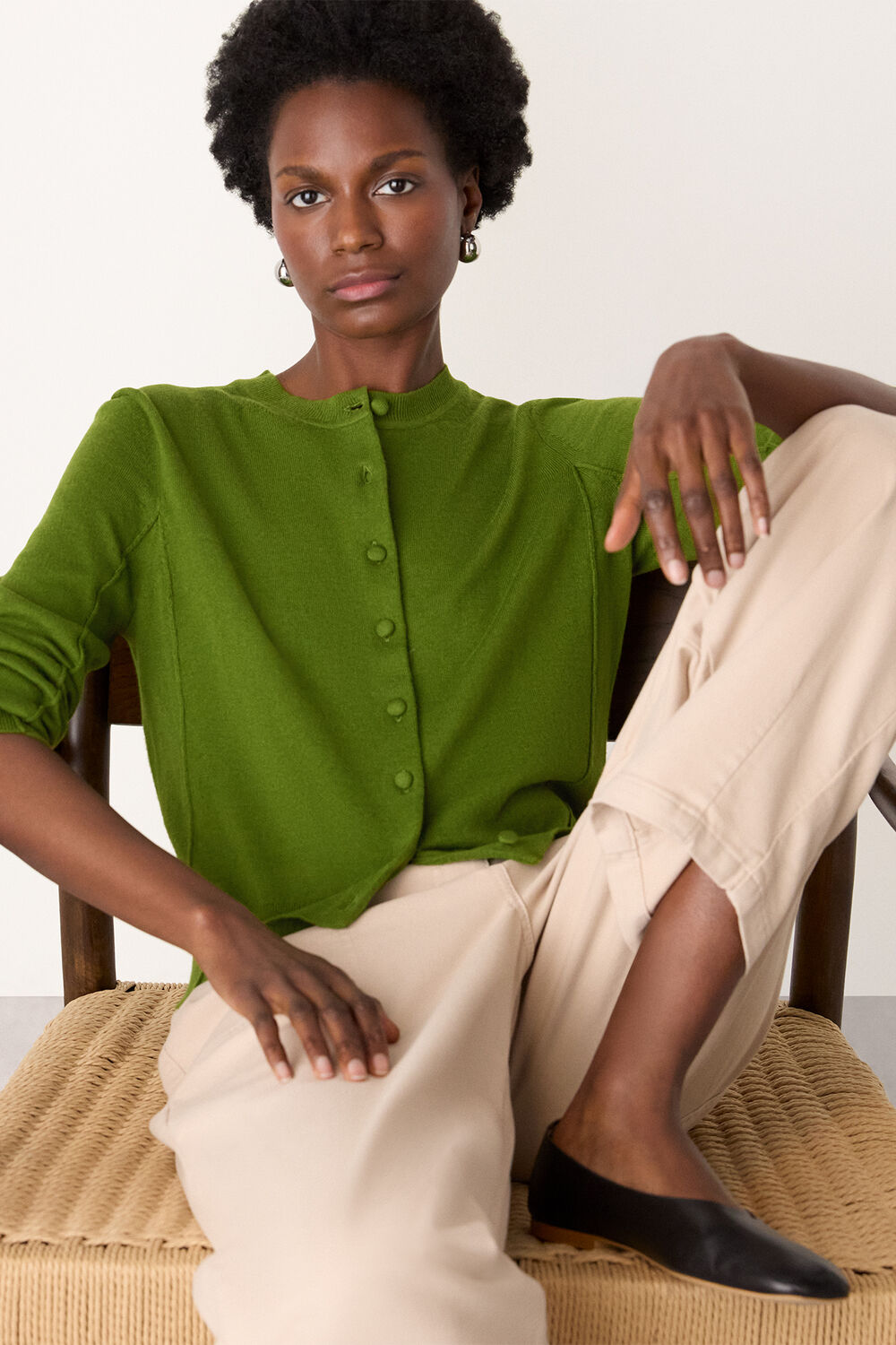 Green Fine Gauge Crew Neck Cardigan
