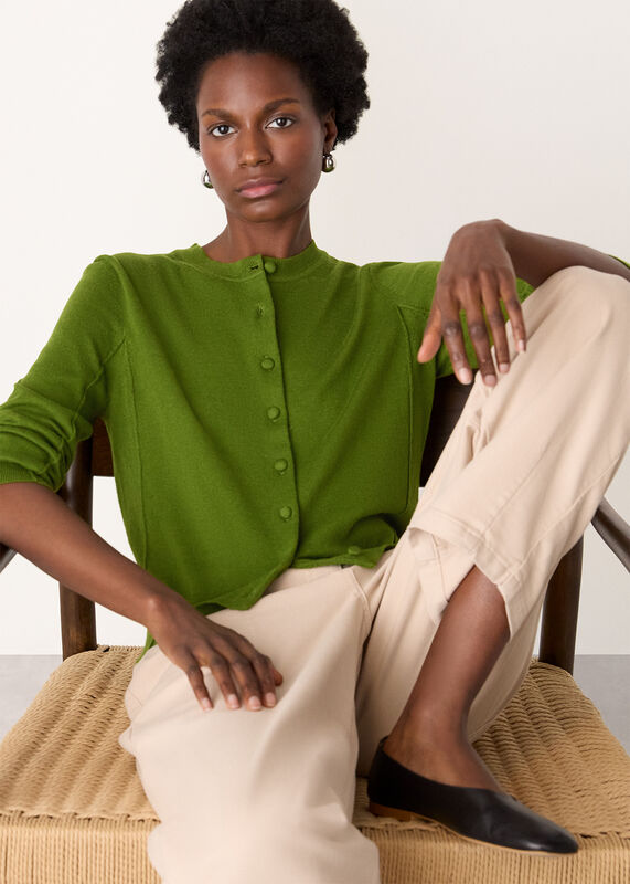 Green Fine Gauge Crew Neck Cardigan