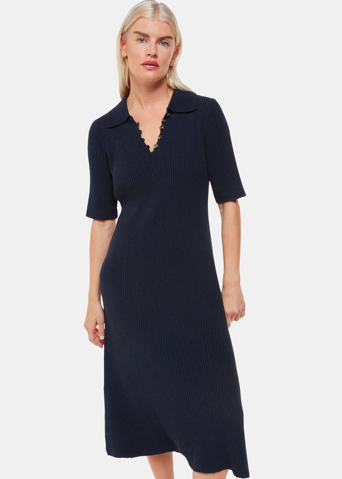 Navy Ribbed Knitted Midi Dress | WHISTLES | Whistles US |