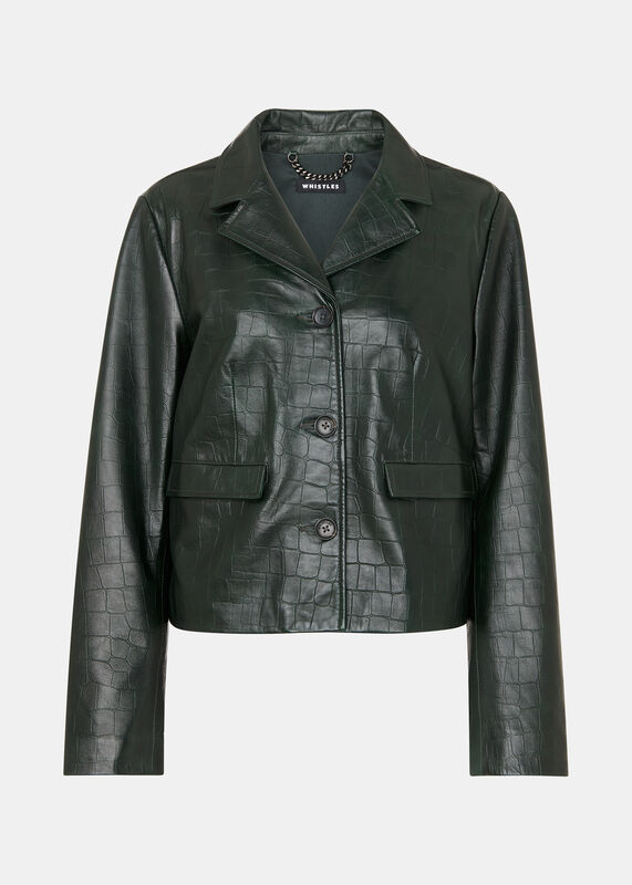 Dark Green Delia Croc Leather Jacket
