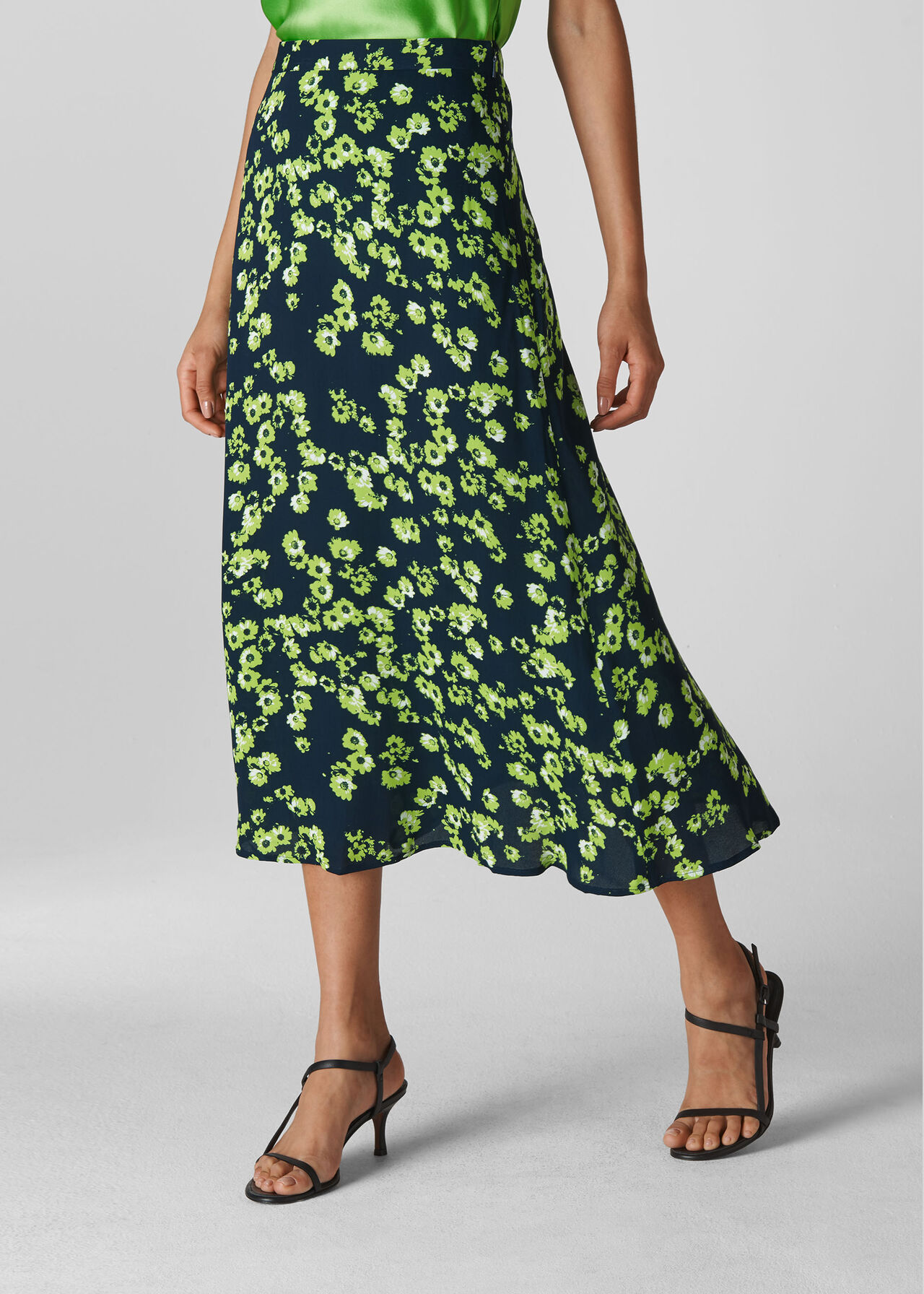 Navy/Multi Digital Daisy Bias Cut Skirt | WHISTLES