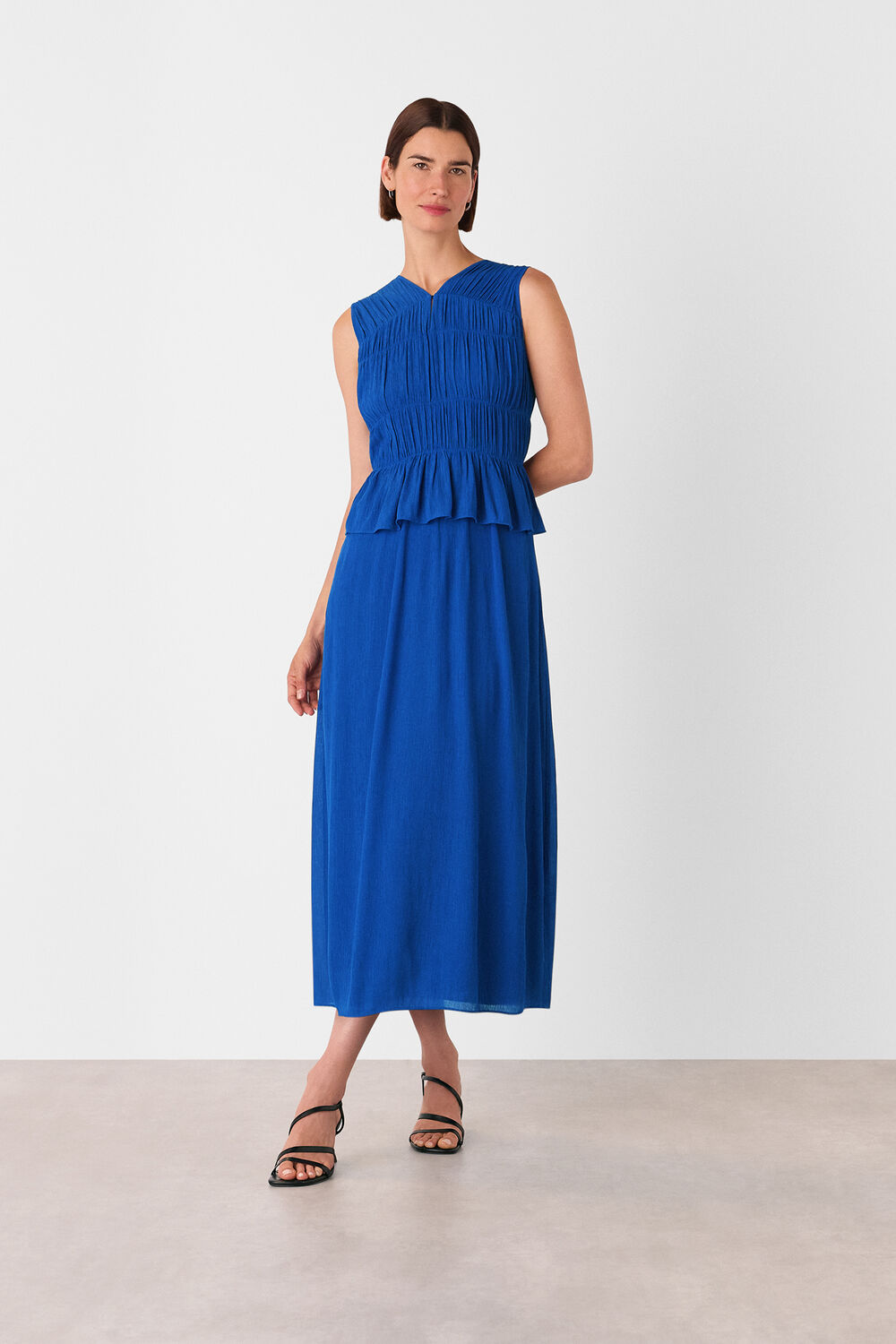 Cobalt Blue Shirred V Neck Midi Dress