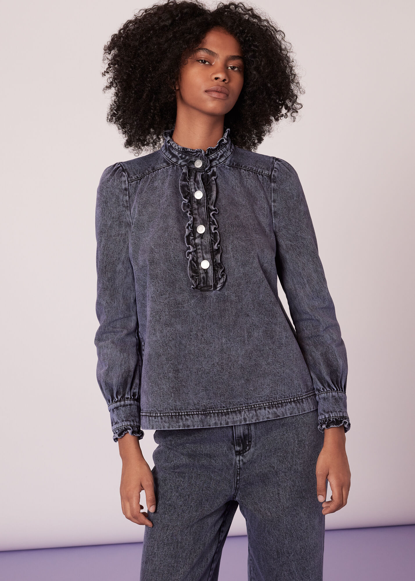 Acid Wash Ruffle Acid Wash Denim Blouse WHISTLES