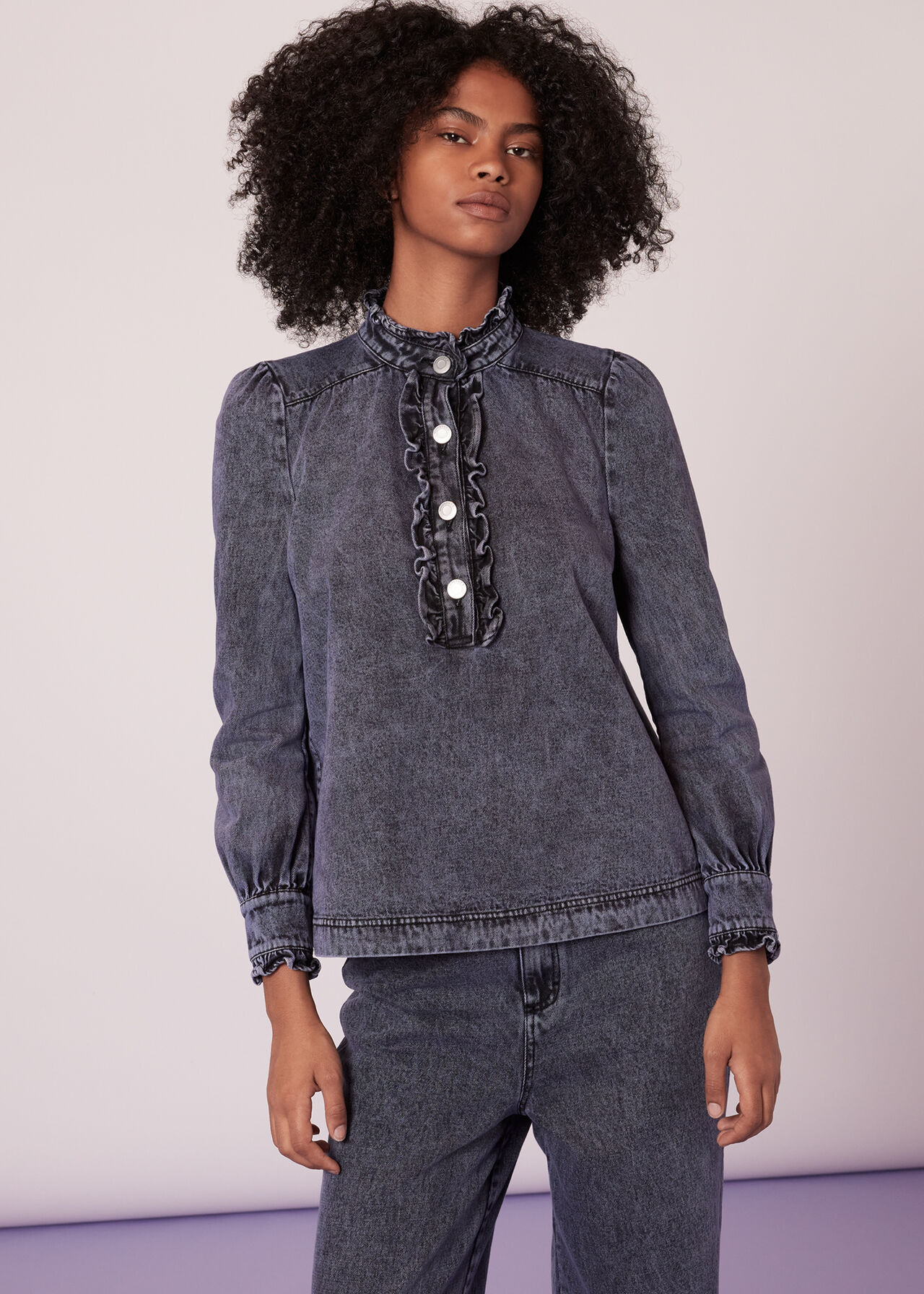 Ruffle Acid Wash Denim Blouse