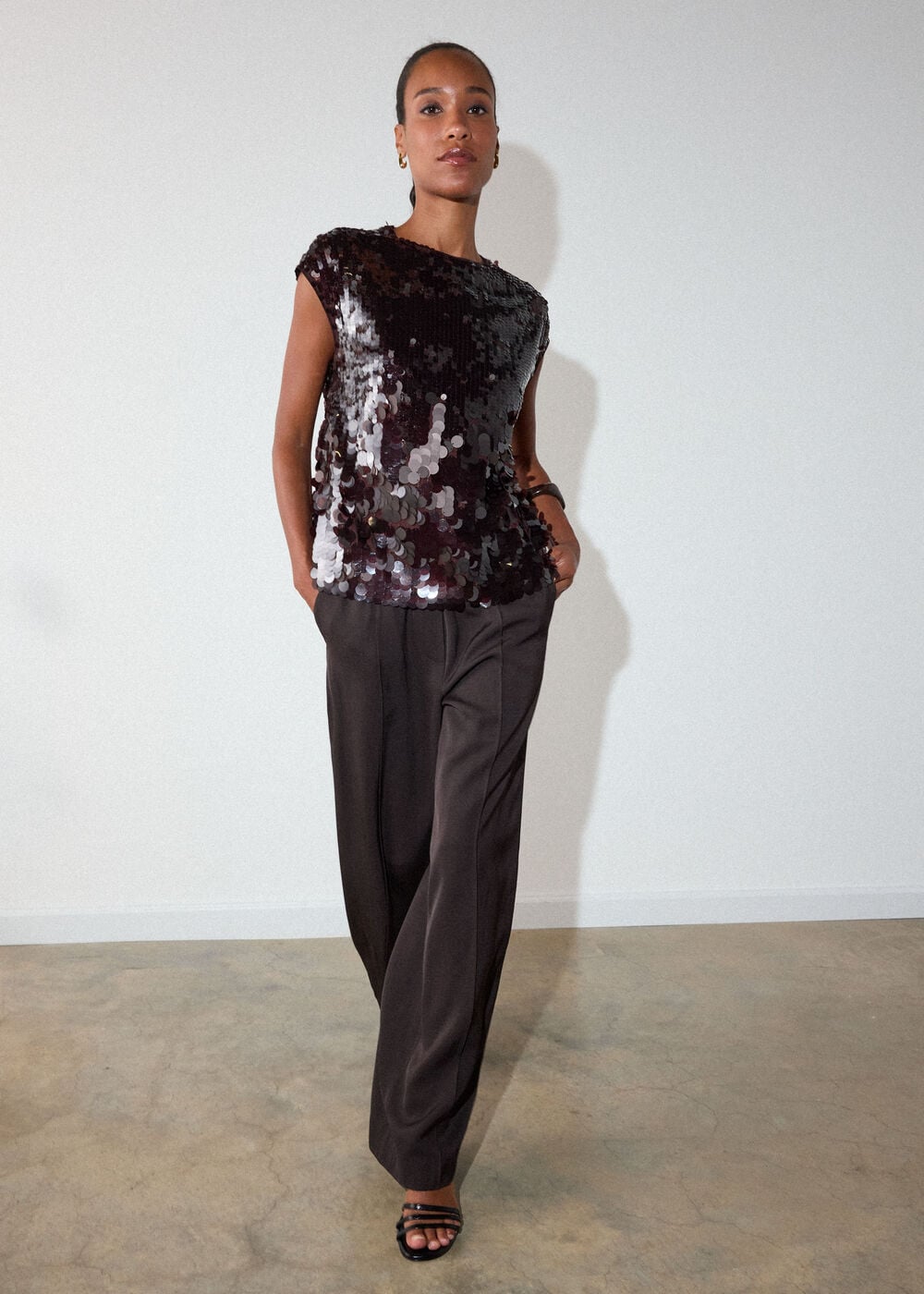 Chocolate Degrade Sequin Cap Sleeve Top
