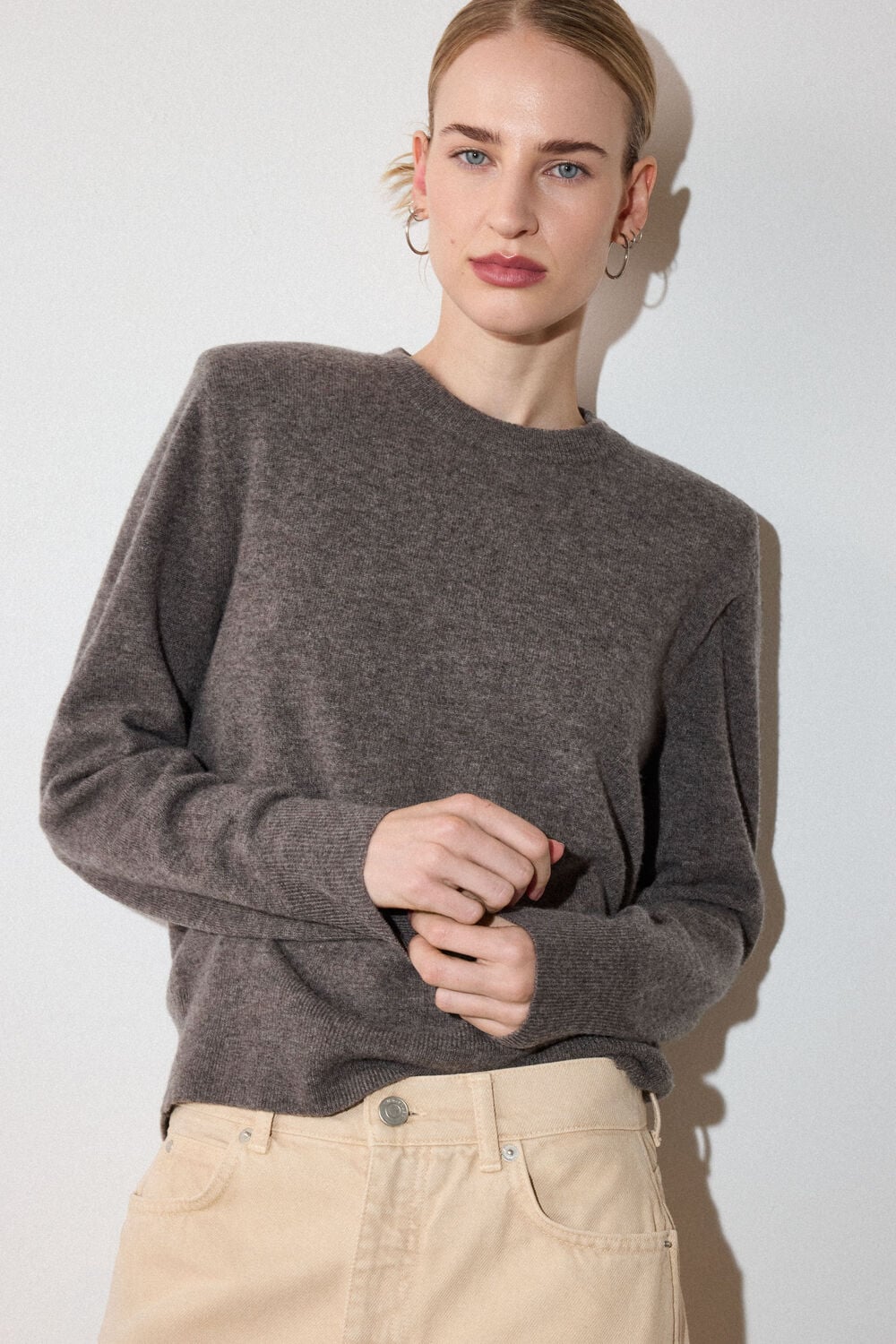 Neutral Bold Shoulder Crew Neck Knit