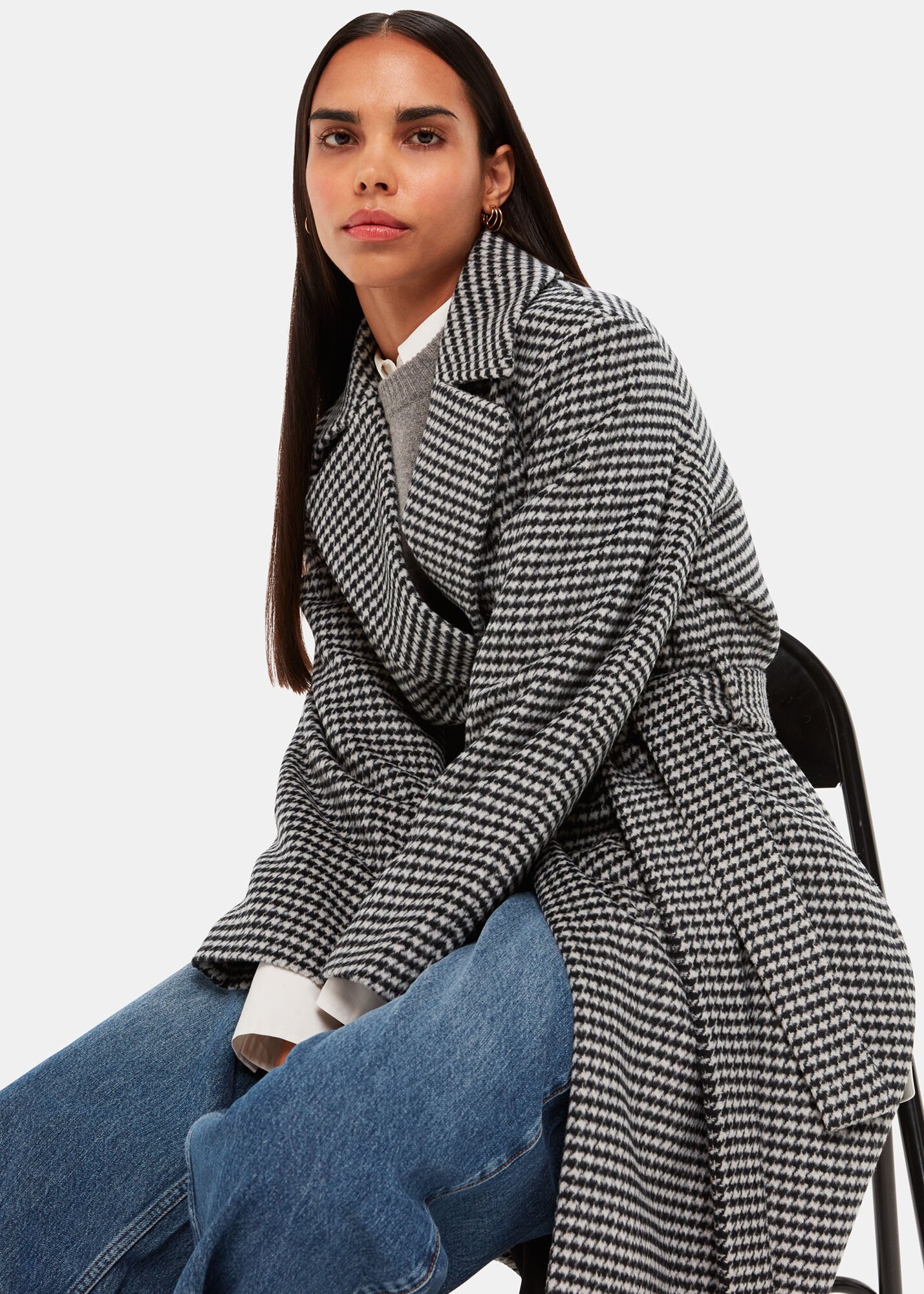 Black Celia Houndstooth Wrap Coat