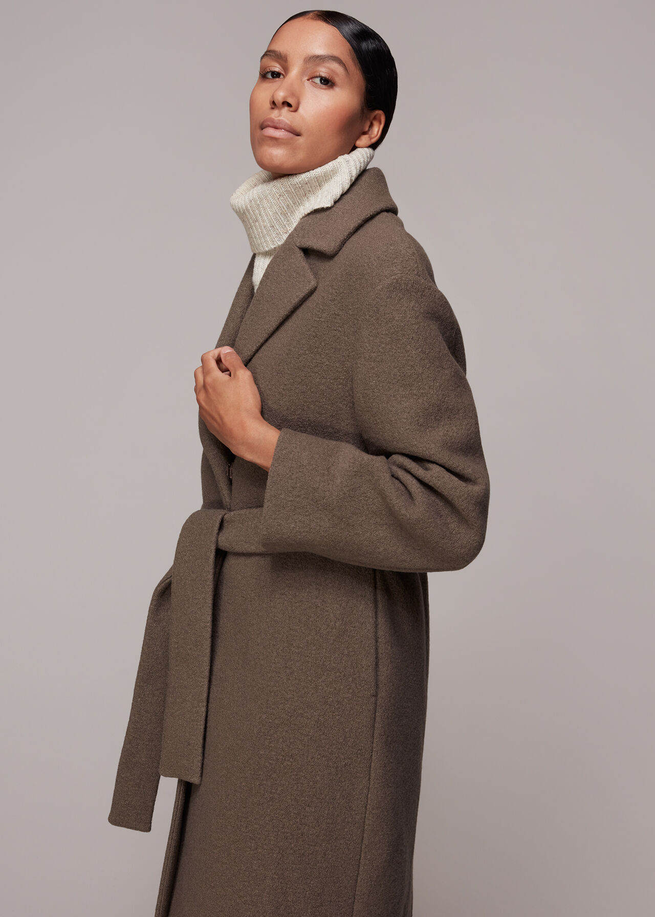 Neutral Tie Waist Wool Coat | WHISTLES