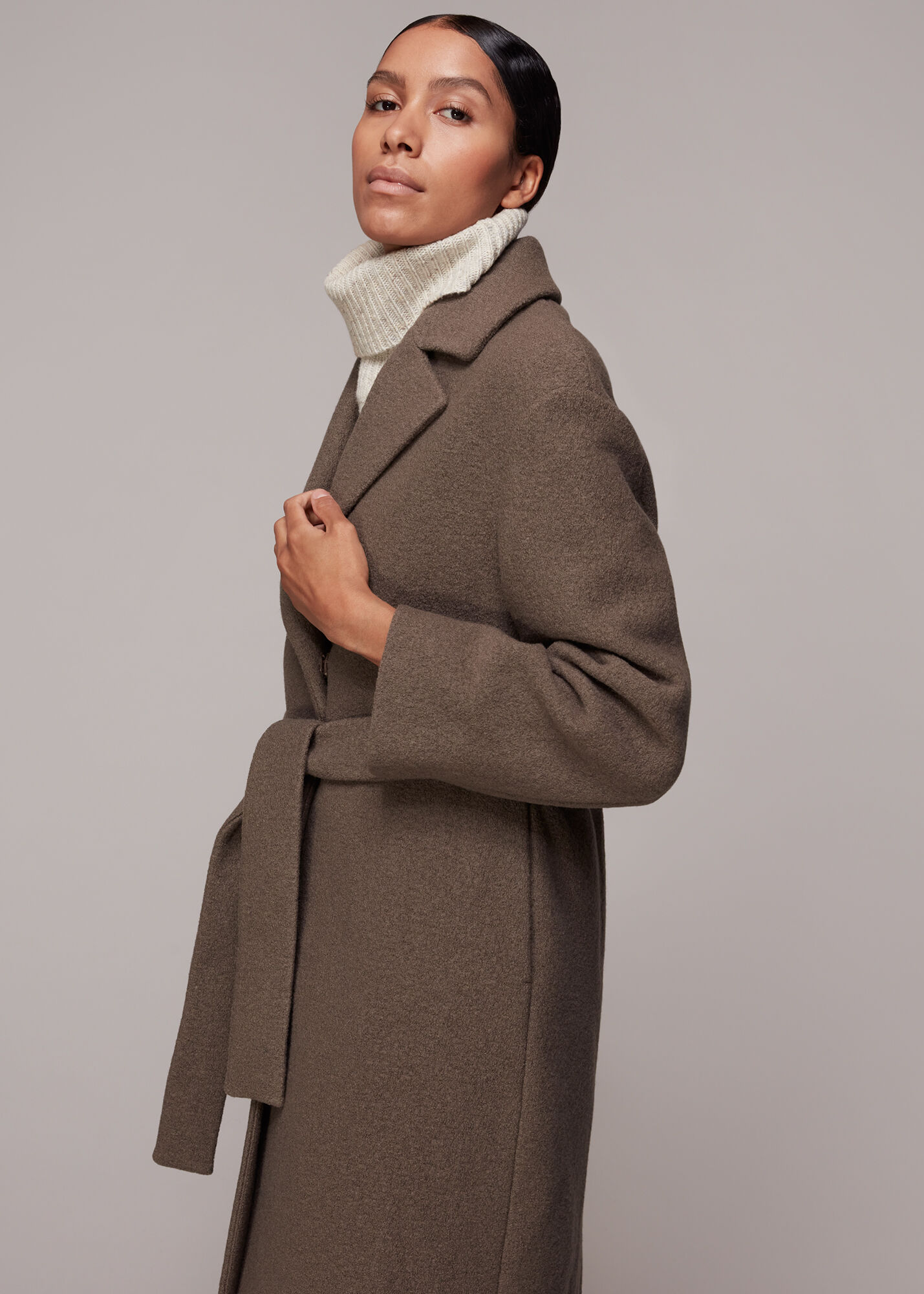 Neutral Tie Waist Wool Coat WHISTLES